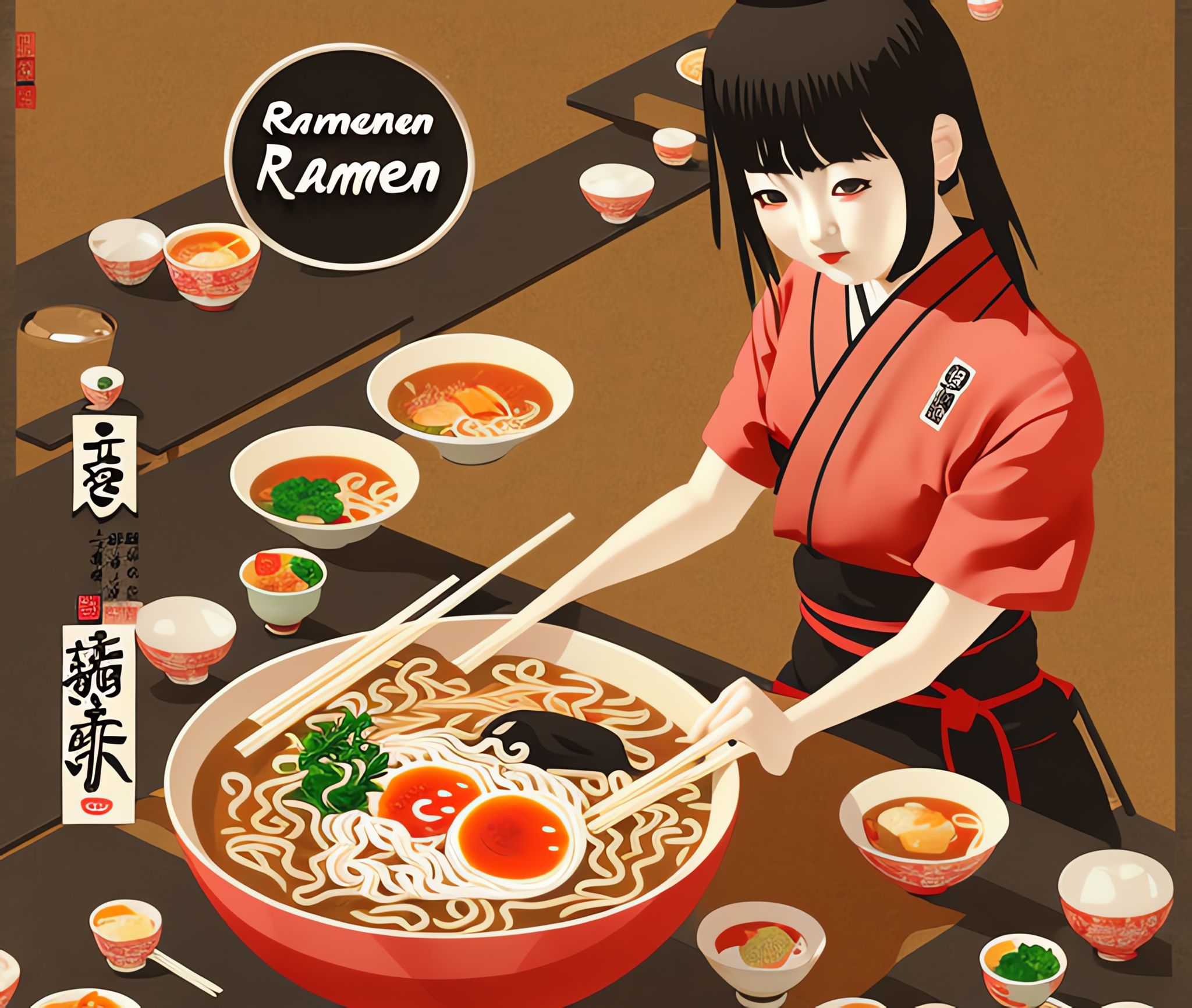 Anime-style illustration of a woman in a red kimono serving a large bowl of ramen.
