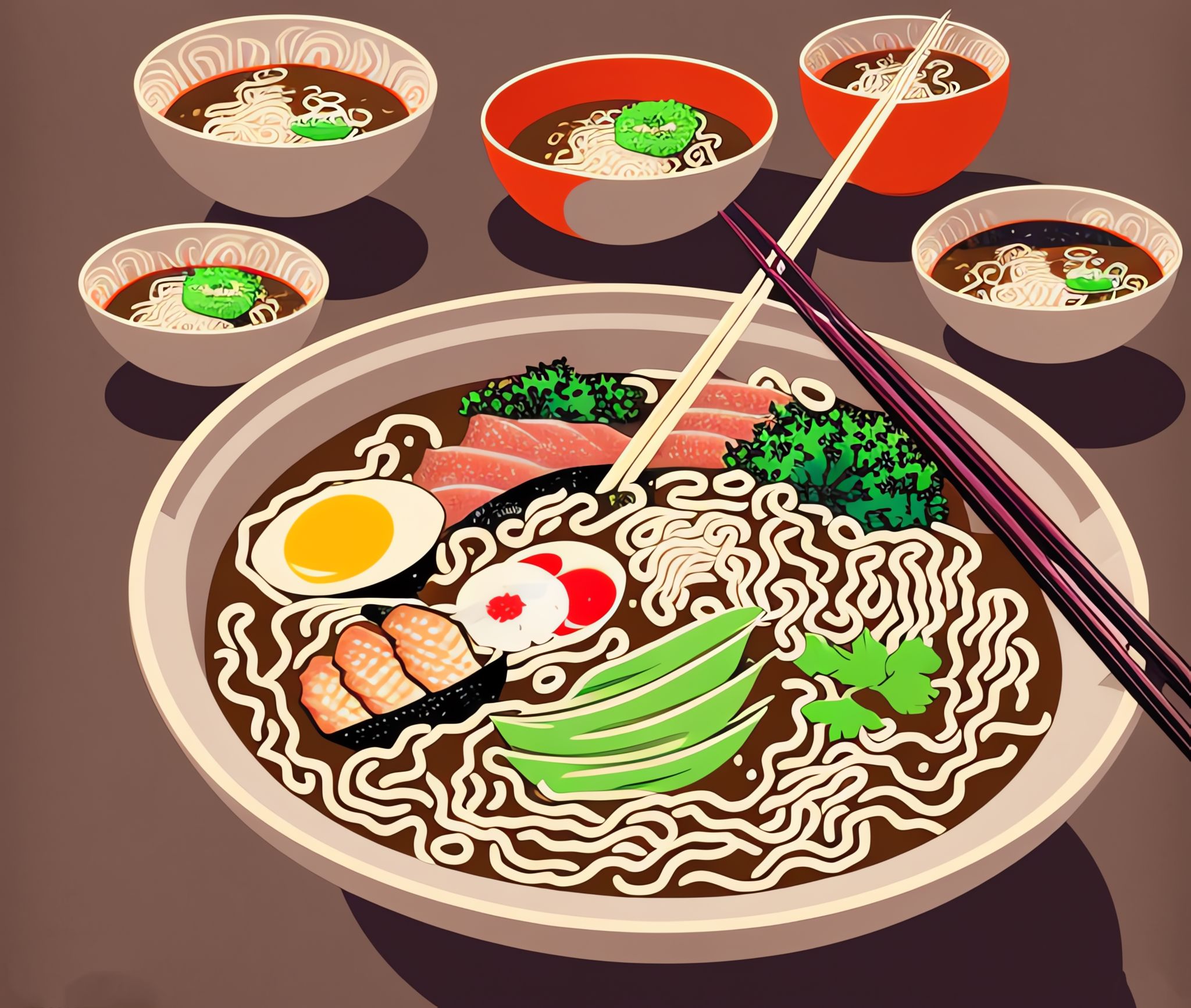 Illustration of a large bowl of ramen with various toppings, surrounded by smaller bowls of ramen.