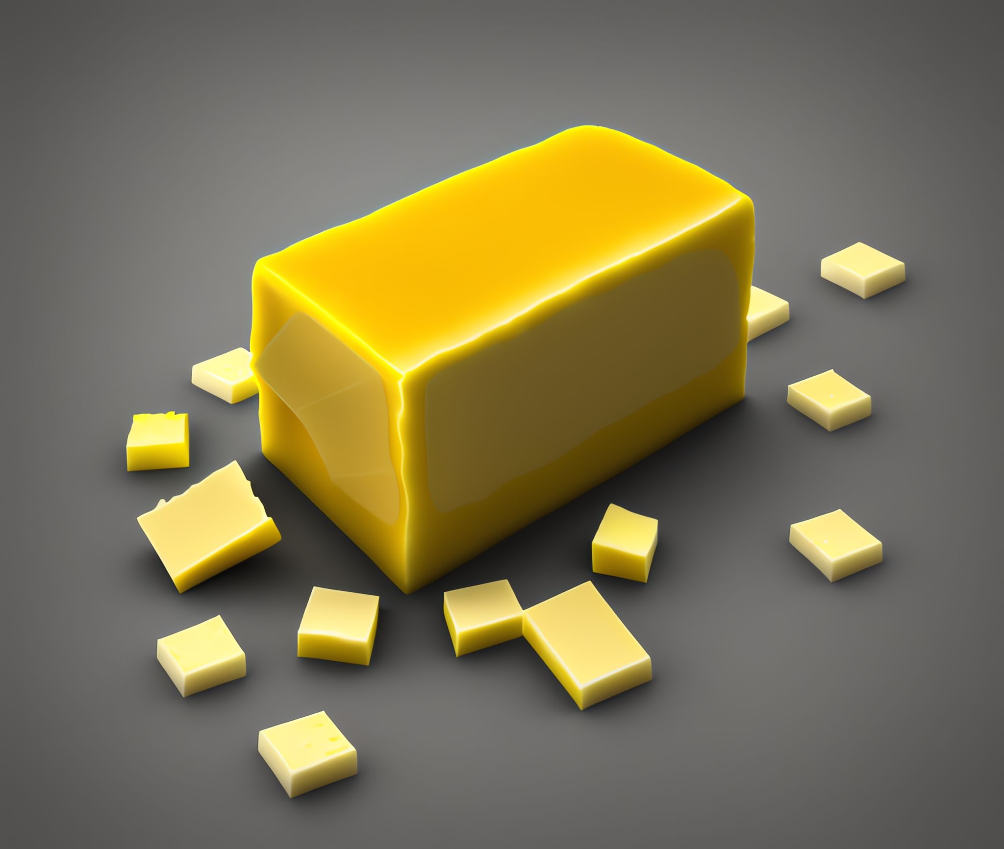 3D rendering of a block of yellow butter with pieces broken off.