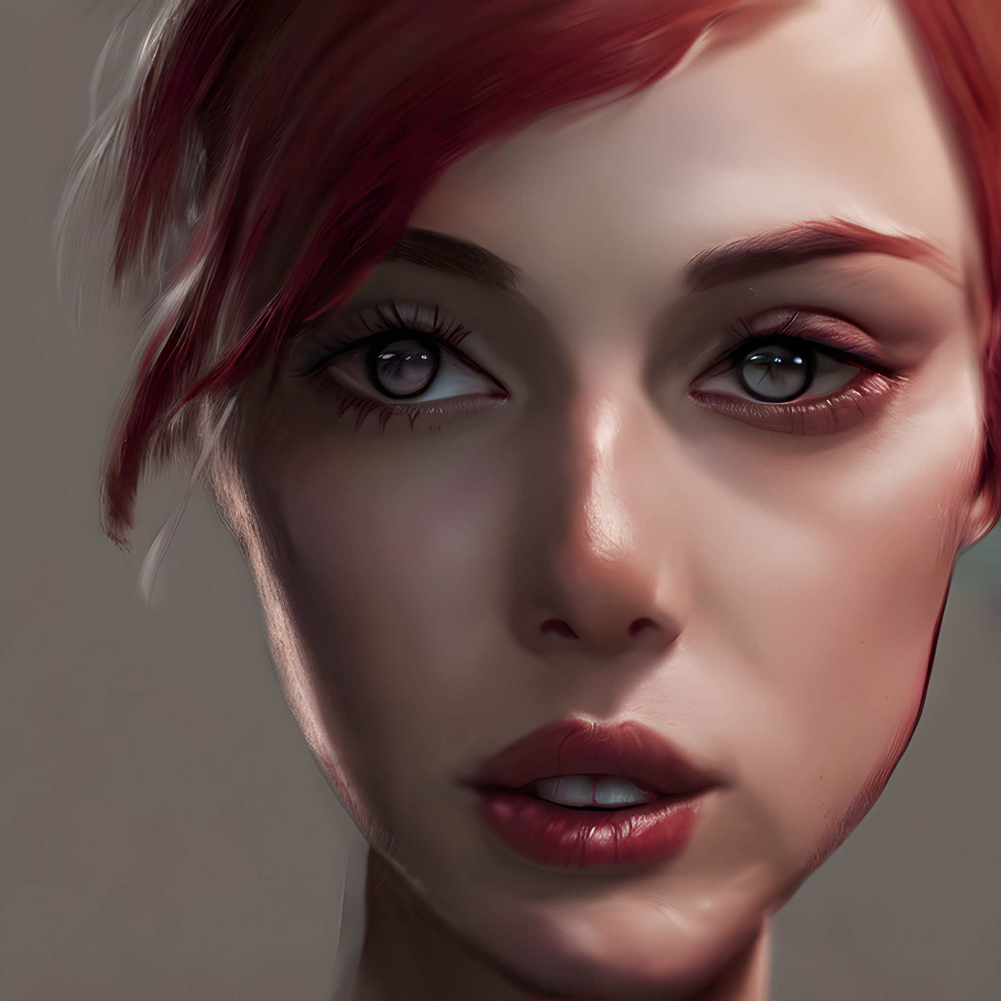 Close-up digital painting of a woman's face with red hair.