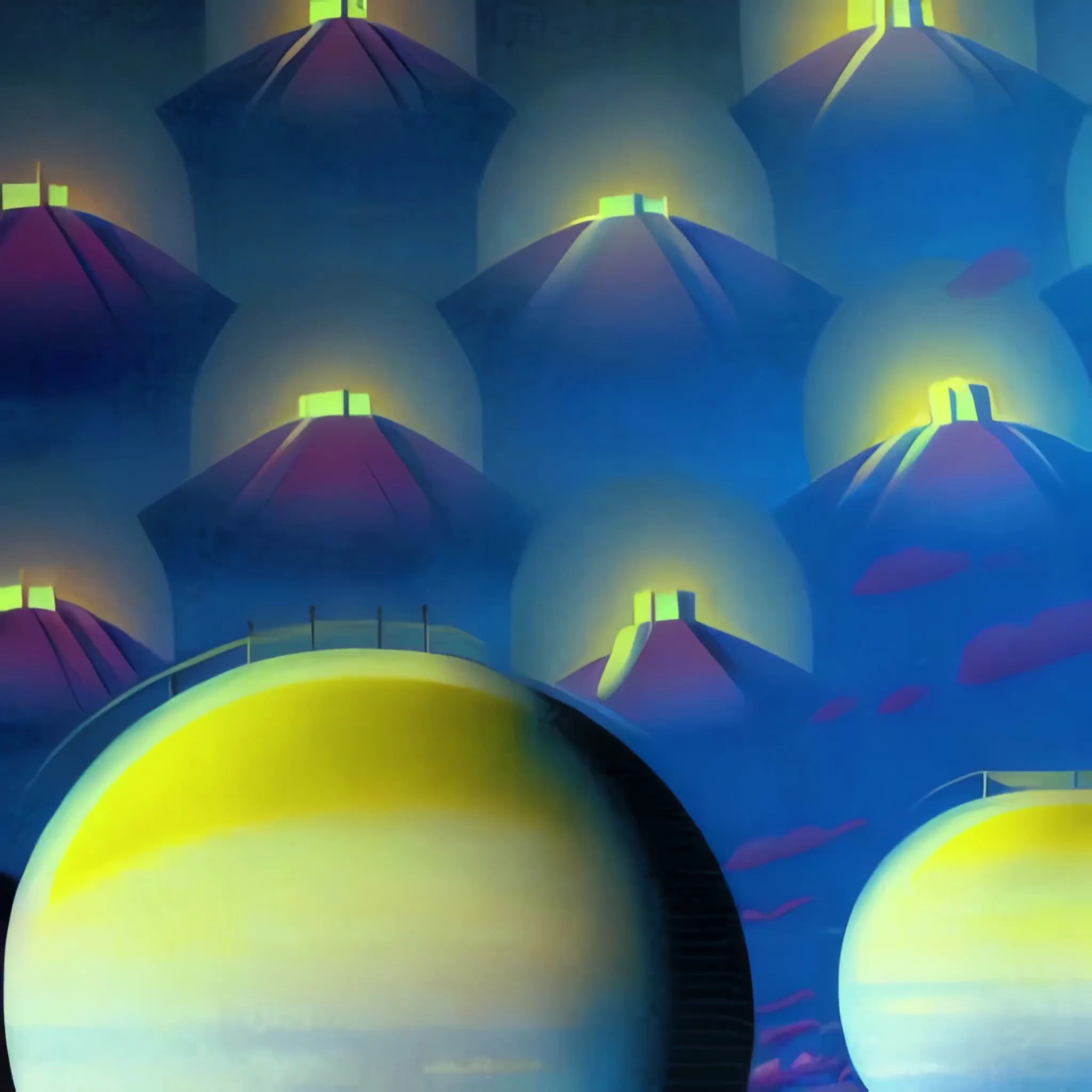 Abstract painting of glowing, dome-shaped structures at twilight.