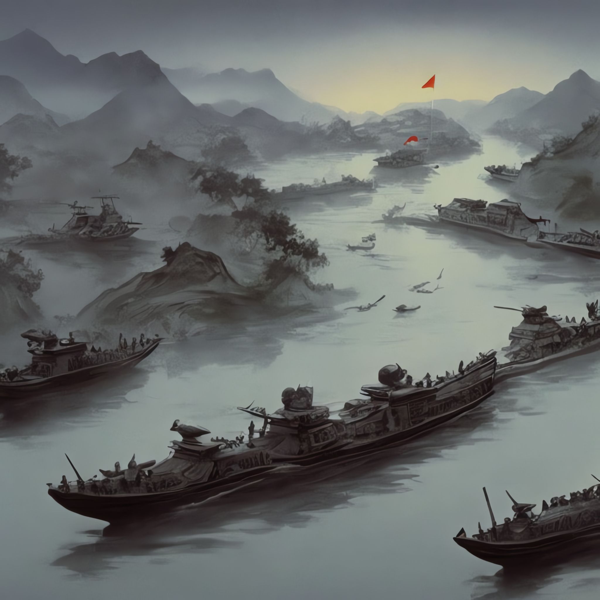 A misty river scene with numerous boats, some carrying people, and a red flag in the distance.