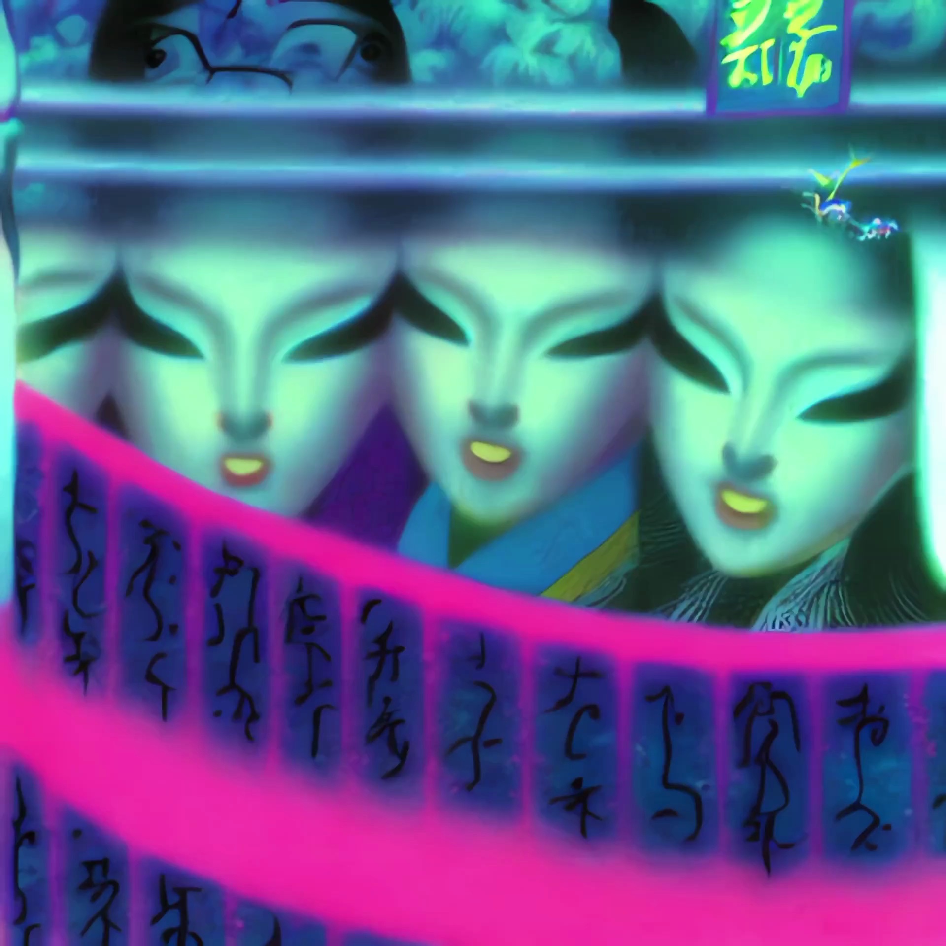 Three stylized geisha faces with Japanese characters on a pink banner.