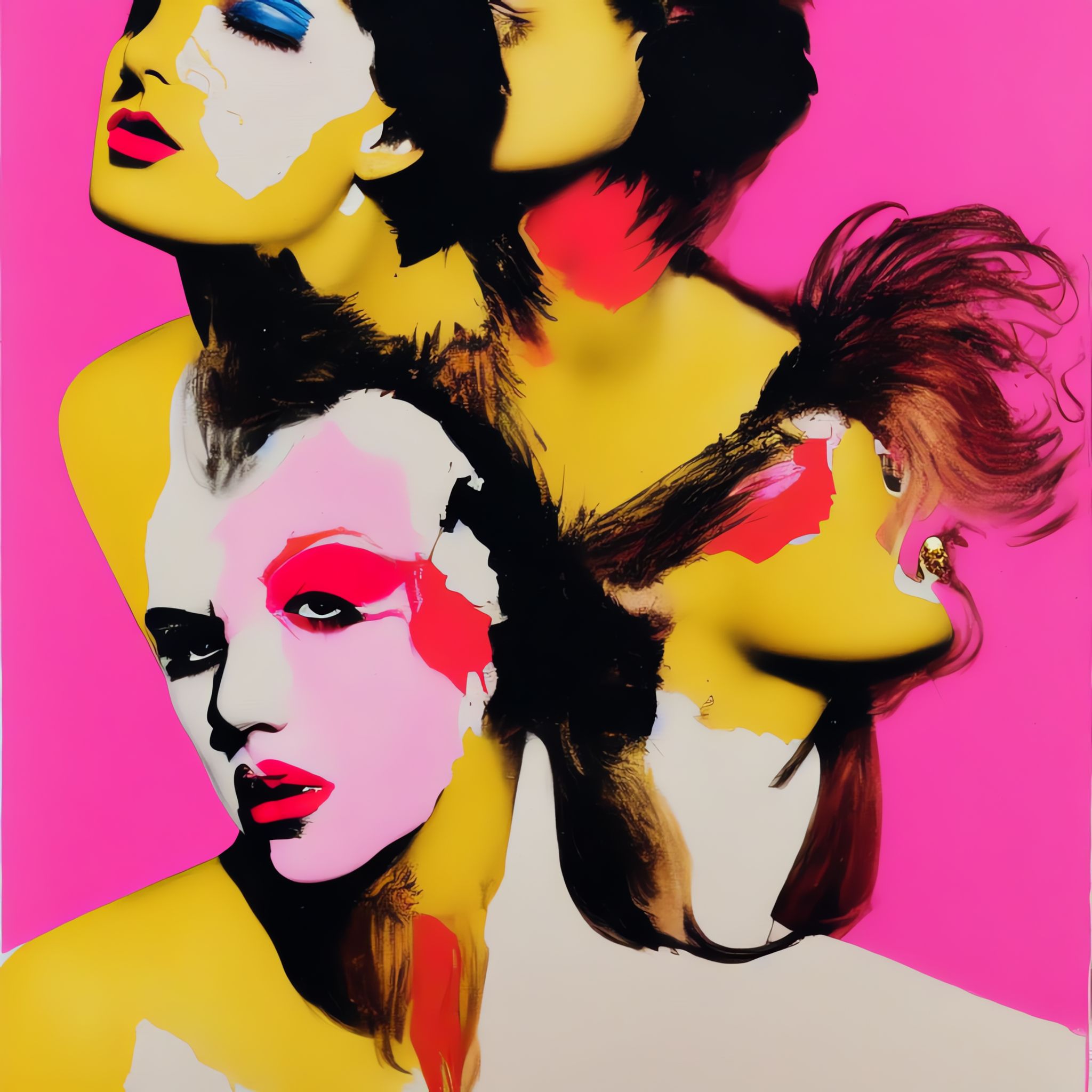 Abstract painting of three Latina women's faces, merged together, with bold colors and exaggerated features.