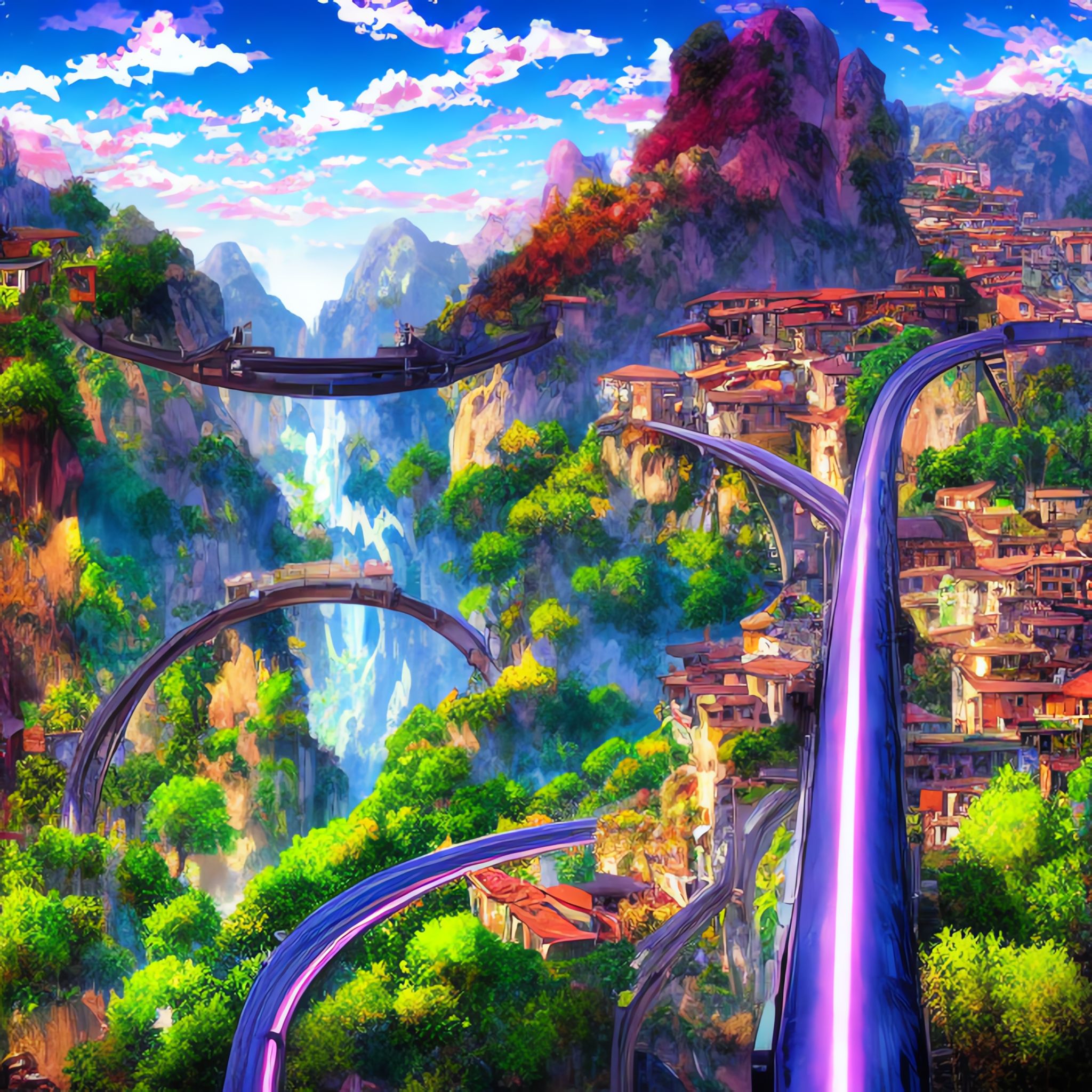 Anime-style illustration of a high-speed train track winding through a mountainous village.