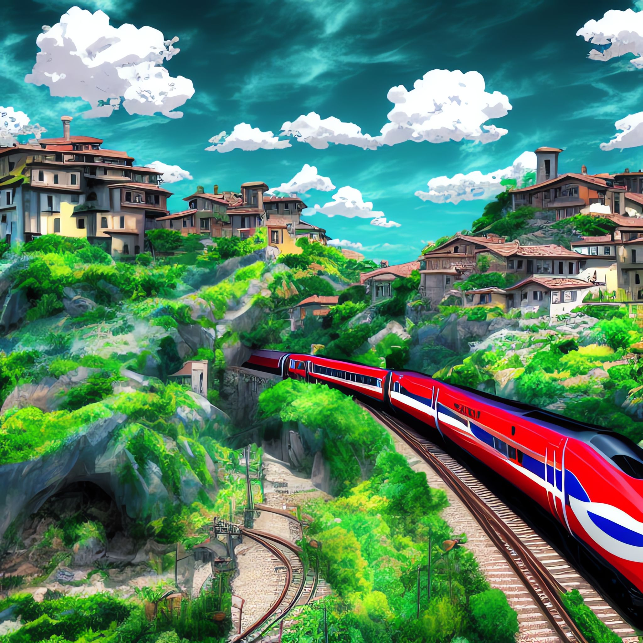 High-speed red train speeding through Italian hillside village.