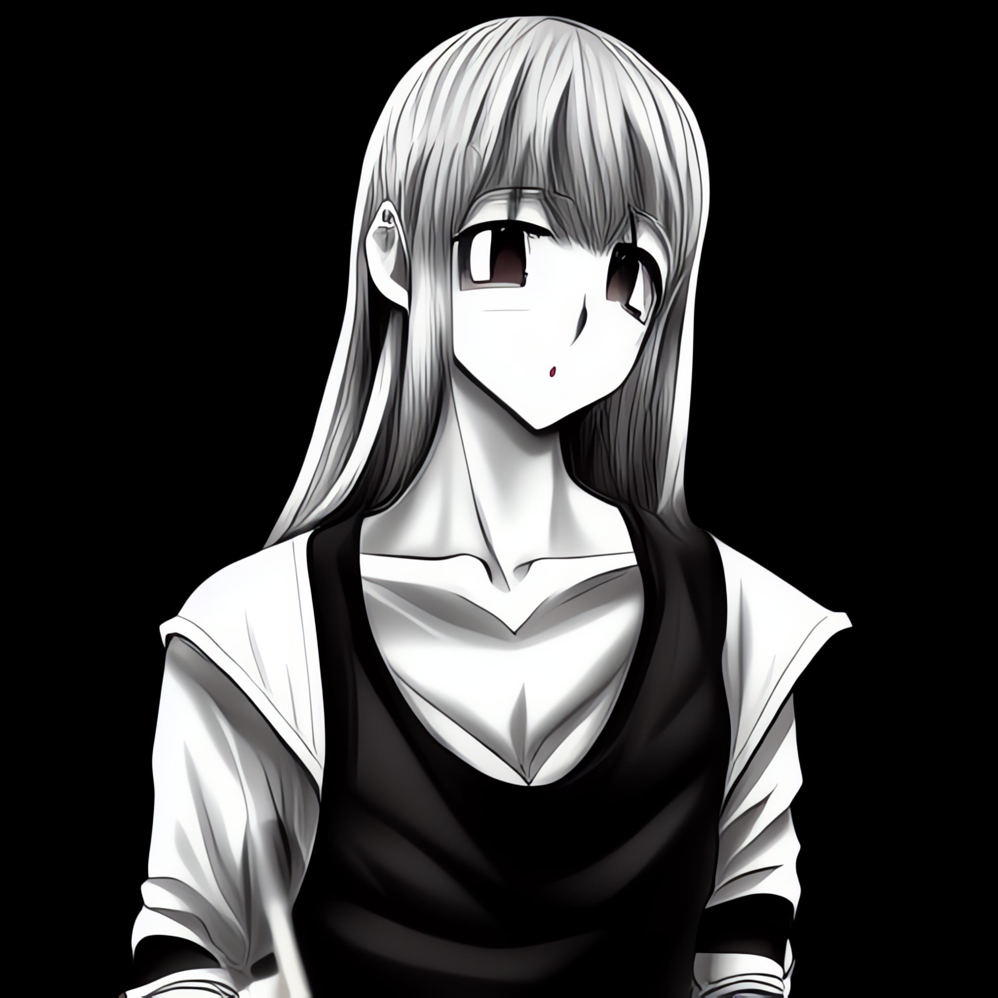 Black and white manga-style illustration of a girl with long hair.