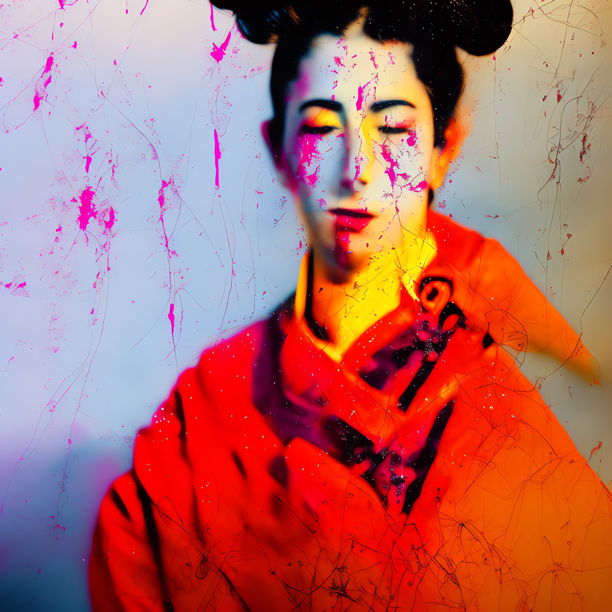 Close-up of a woman in a red kimono, eyes closed, face partially obscured by pink paint splatter and cracked glass effect.