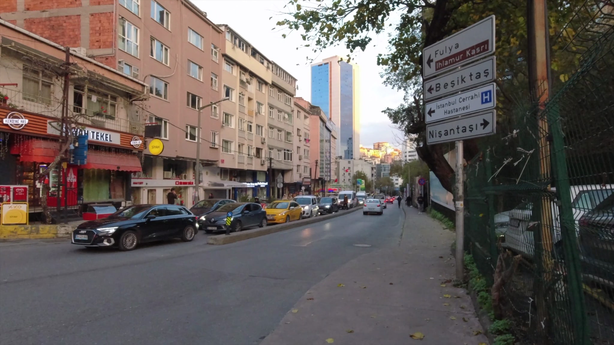 Istanbul street scene in winter, showing parked cars and traffic, with a street sign indicating directions to Fulya, Ihlamur Kasrı, Beşiktaş, Istanbul Cerrahi Hastanesi, and Nişantaşı.