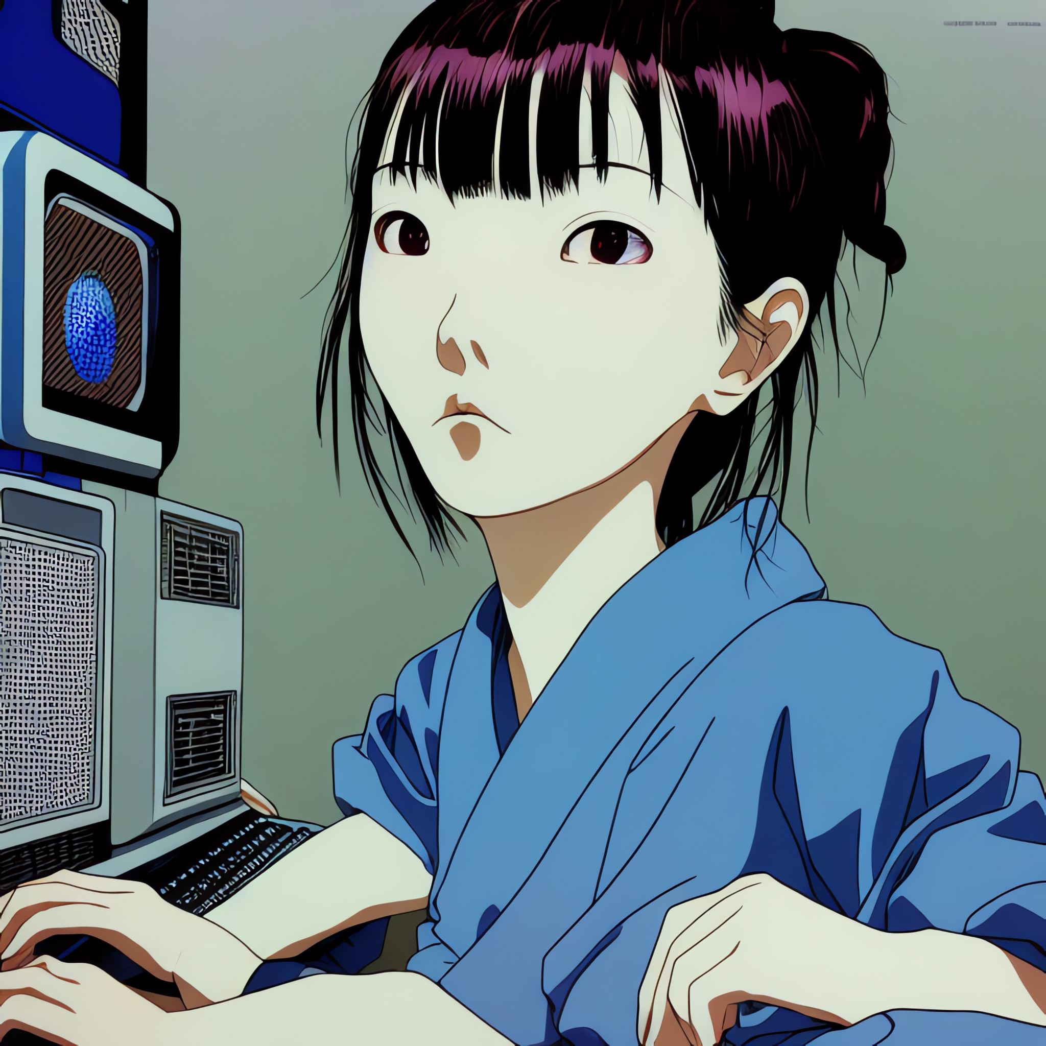 Close-up of anime girl in blue kimono using a 90s computer.
