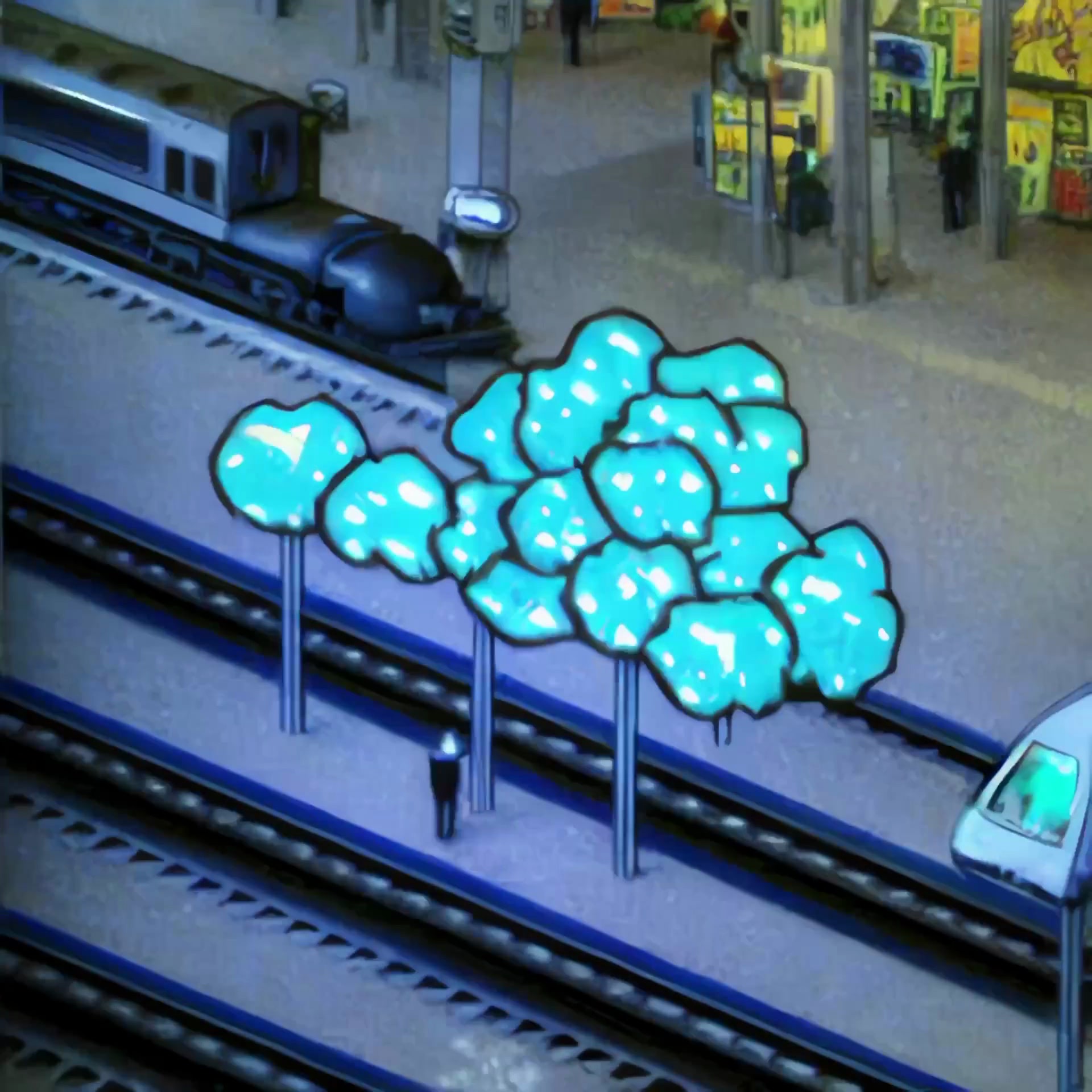 AI-generated animation of a Japanese train station with stylized teal trees and a train.