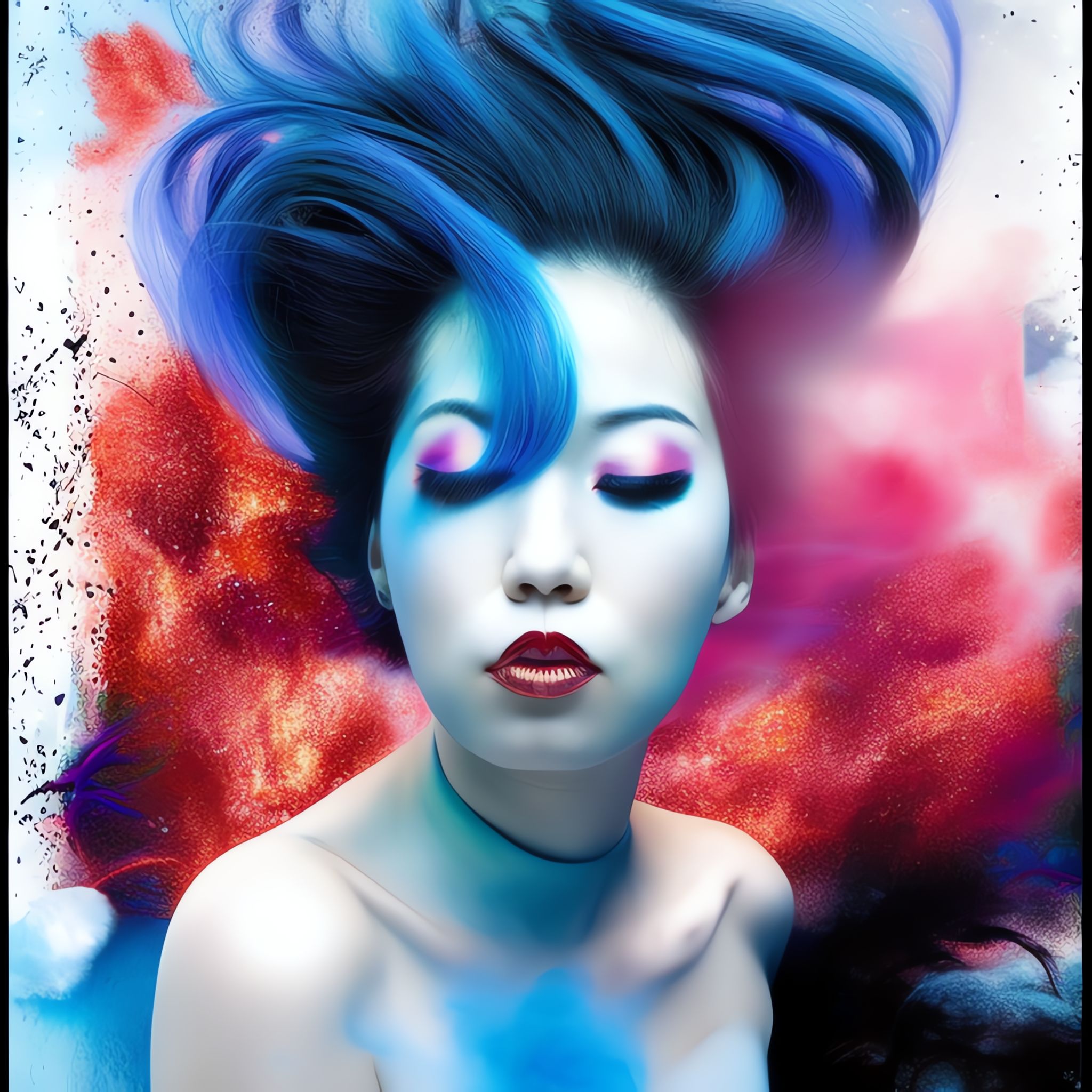 Portrait of Kasumi Arimura with vibrant blue hair and colorful makeup against a red and blue background.