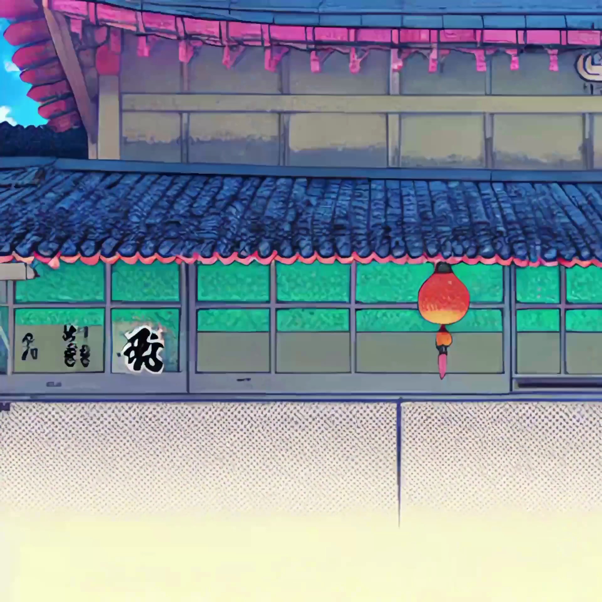 AI-generated illustration of a building with a teal-colored window, pink roof accents, and a red lantern.