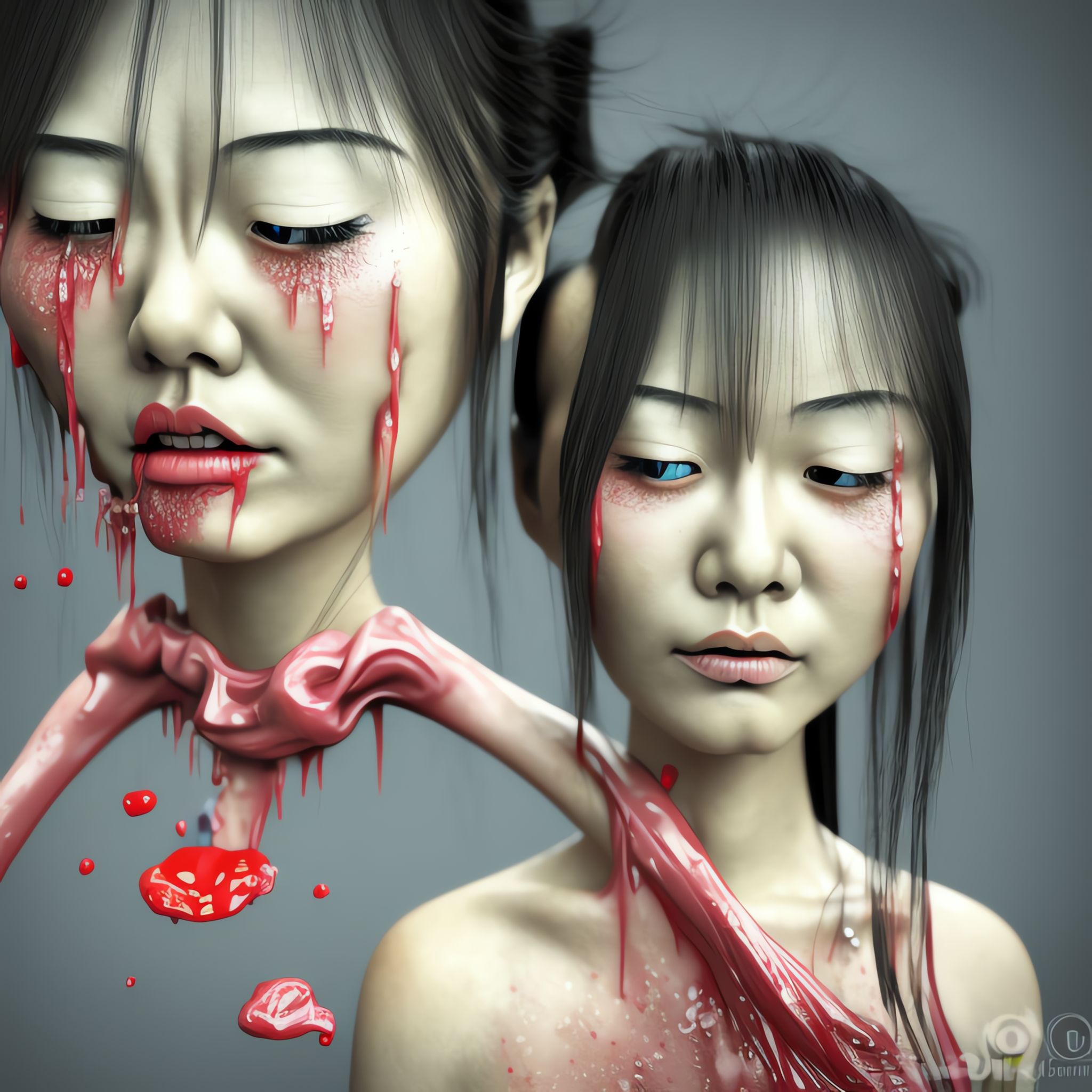 3D CGI art of two melting Japanese girls, dripping red substance.