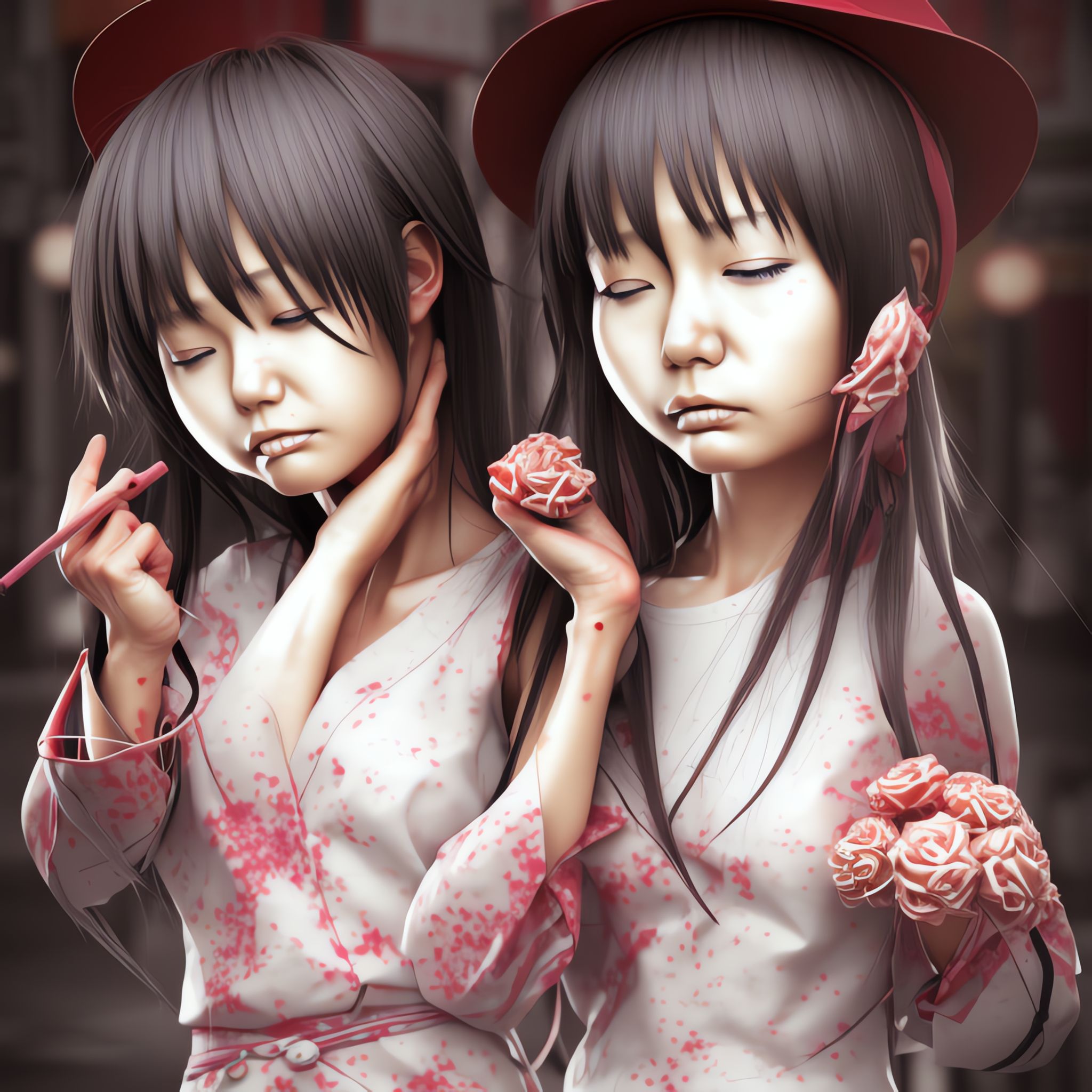 Two anime girls with melting faces, wearing pink and white dresses, holding roses.