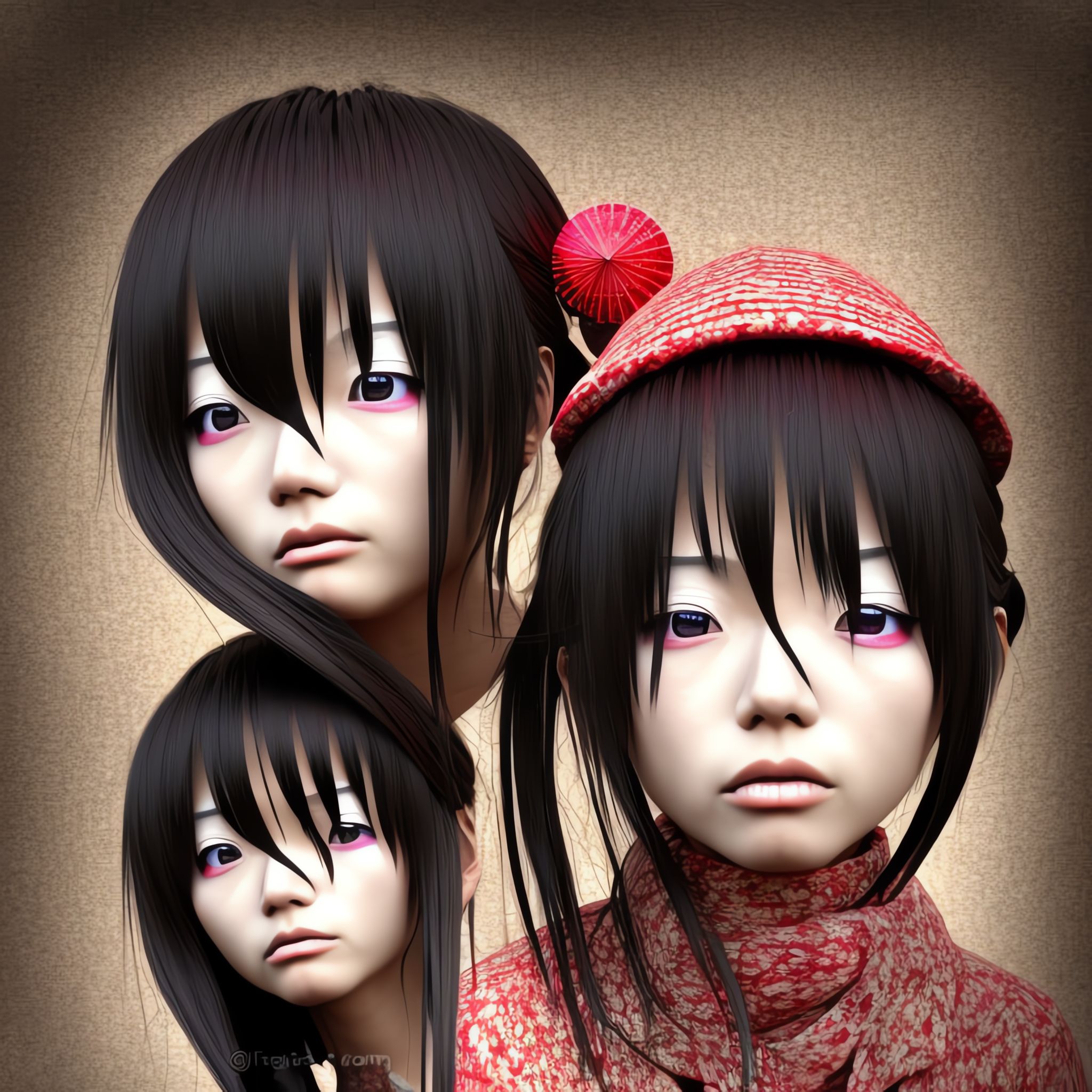 3D CGI art of three anime-style girls with dark hair.