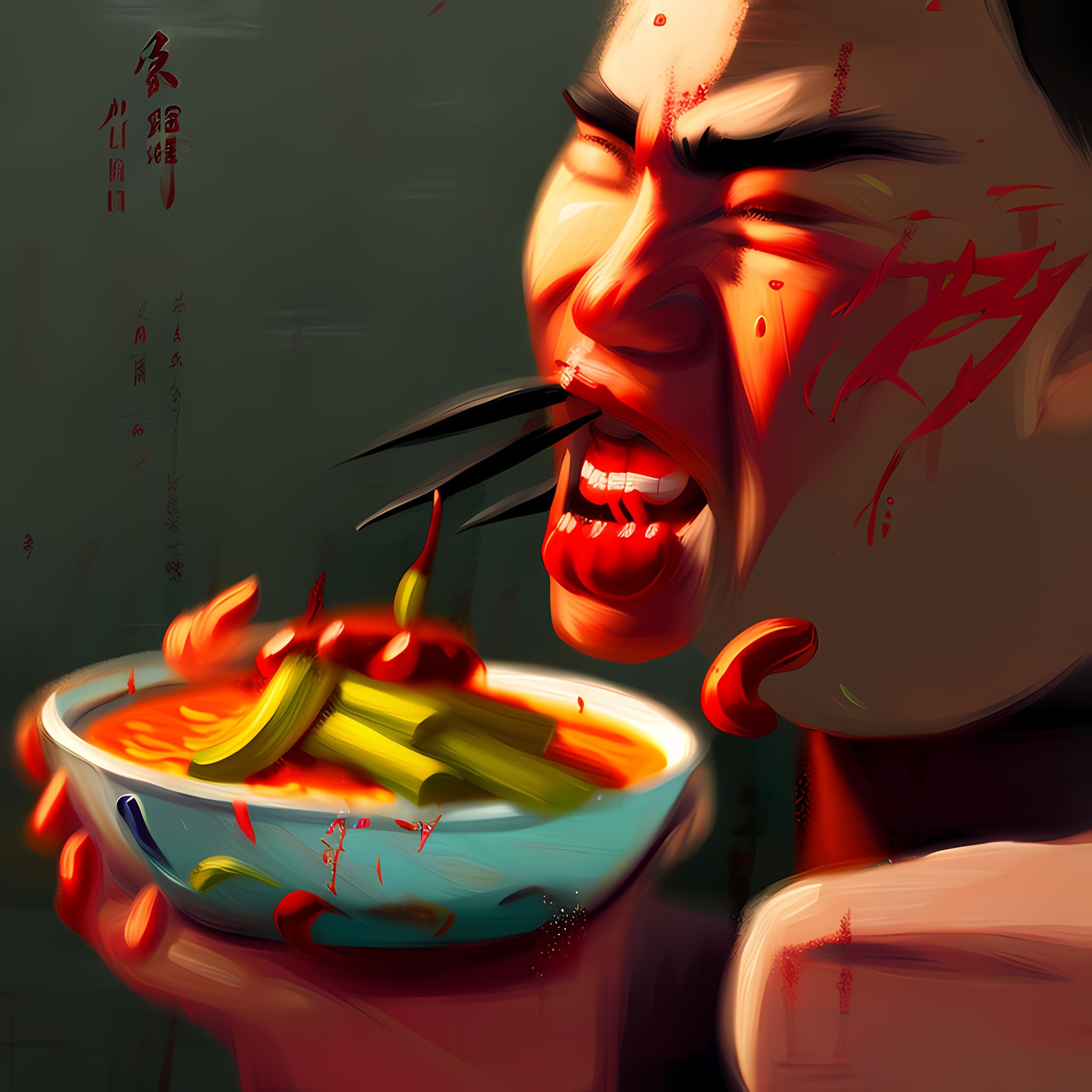 Close-up painting of a person with facial wounds intensely eating a bowl of Chinese food.