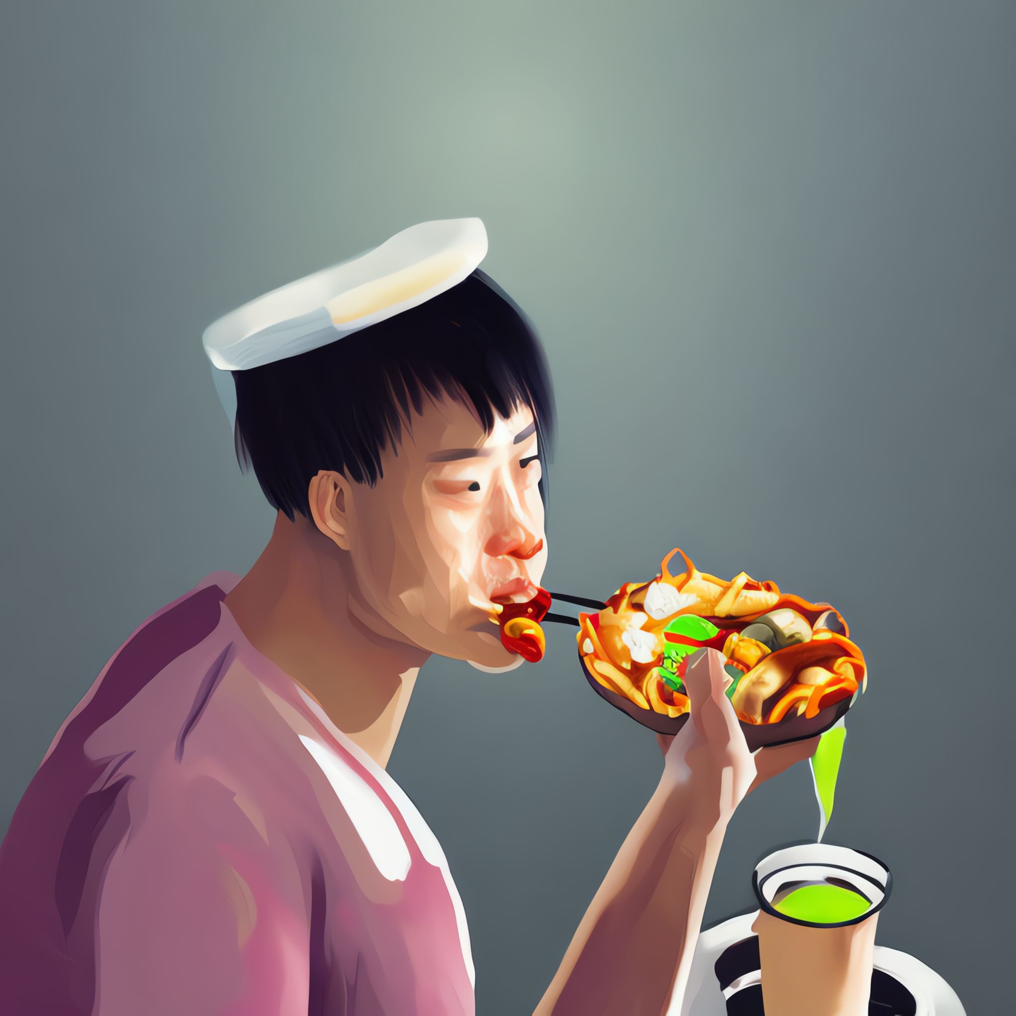 Painting of a person eating Chinese food.