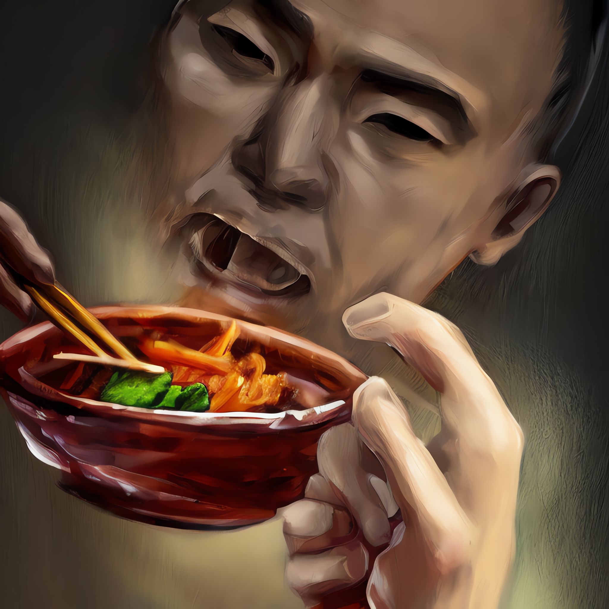 Close-up painting of a person eating a bowl of food with chopsticks.