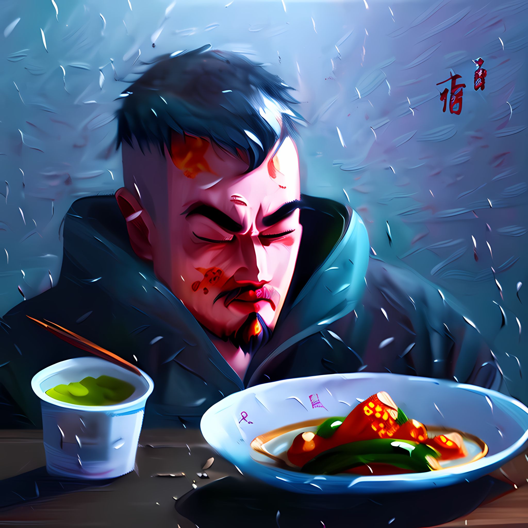 Painting of a man eating Chinese food in the snow.