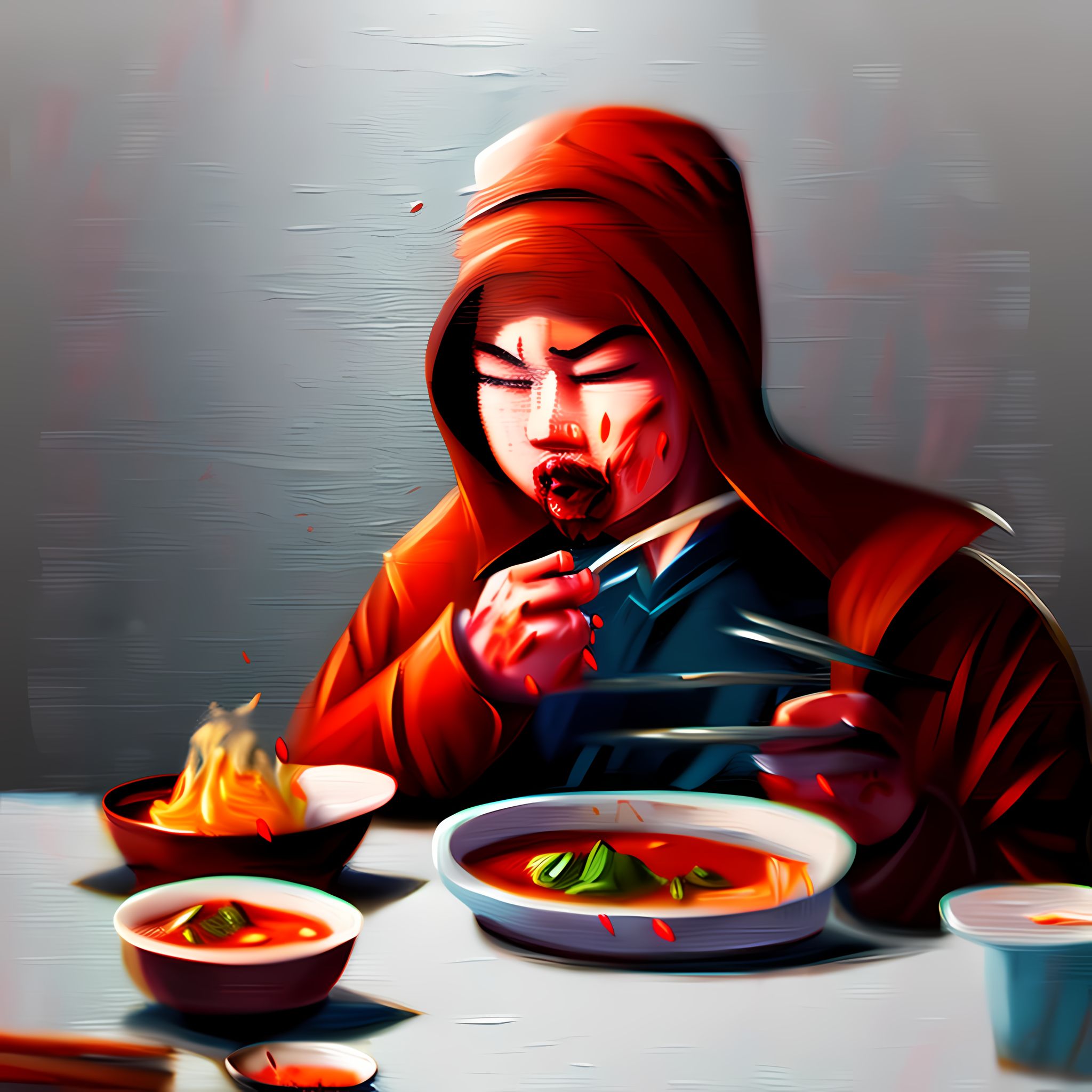 Painting of a person in a red hood using chopsticks to eat a bowl of food.