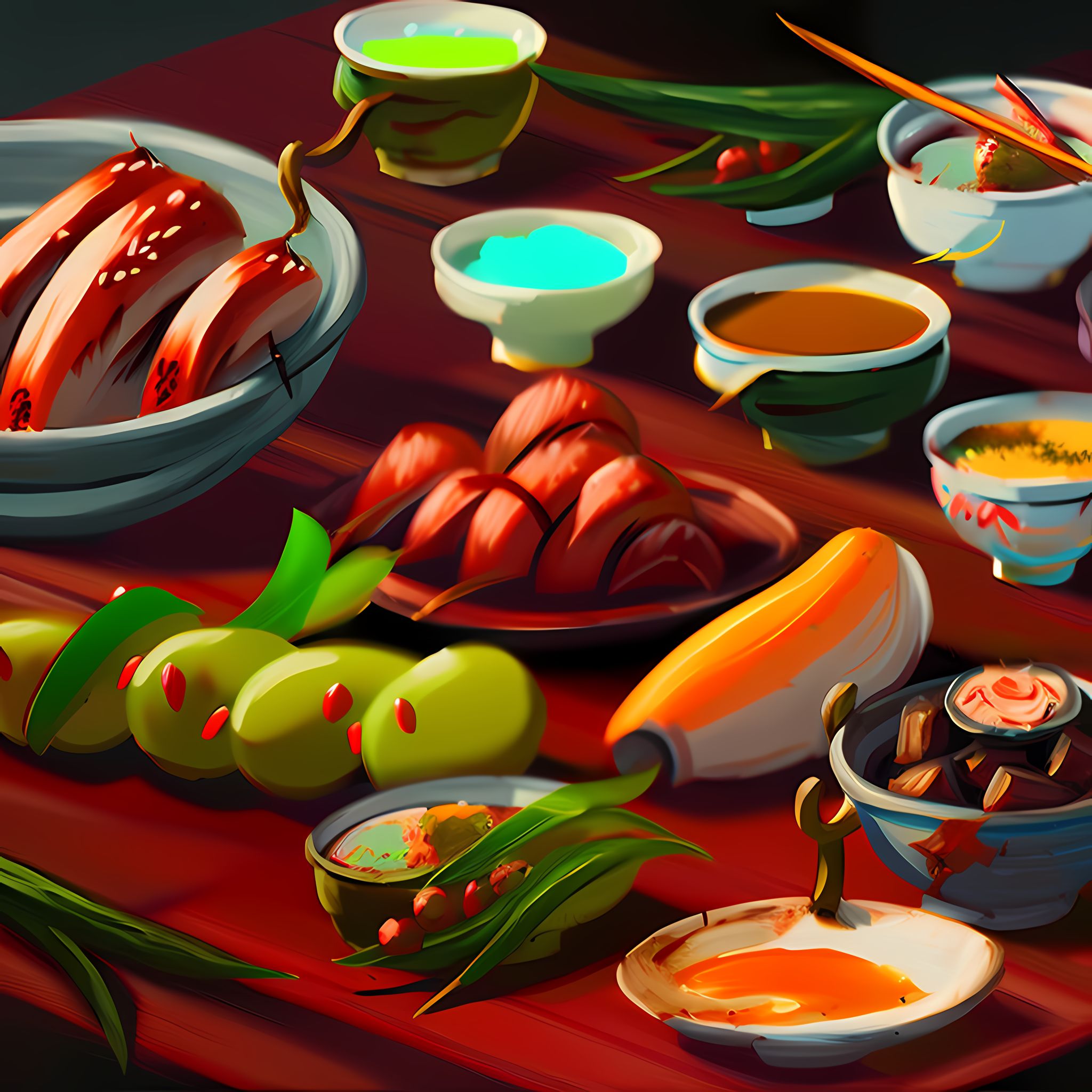 Painting of a table laden with various Japanese dishes and small bowls of colorful sauces.