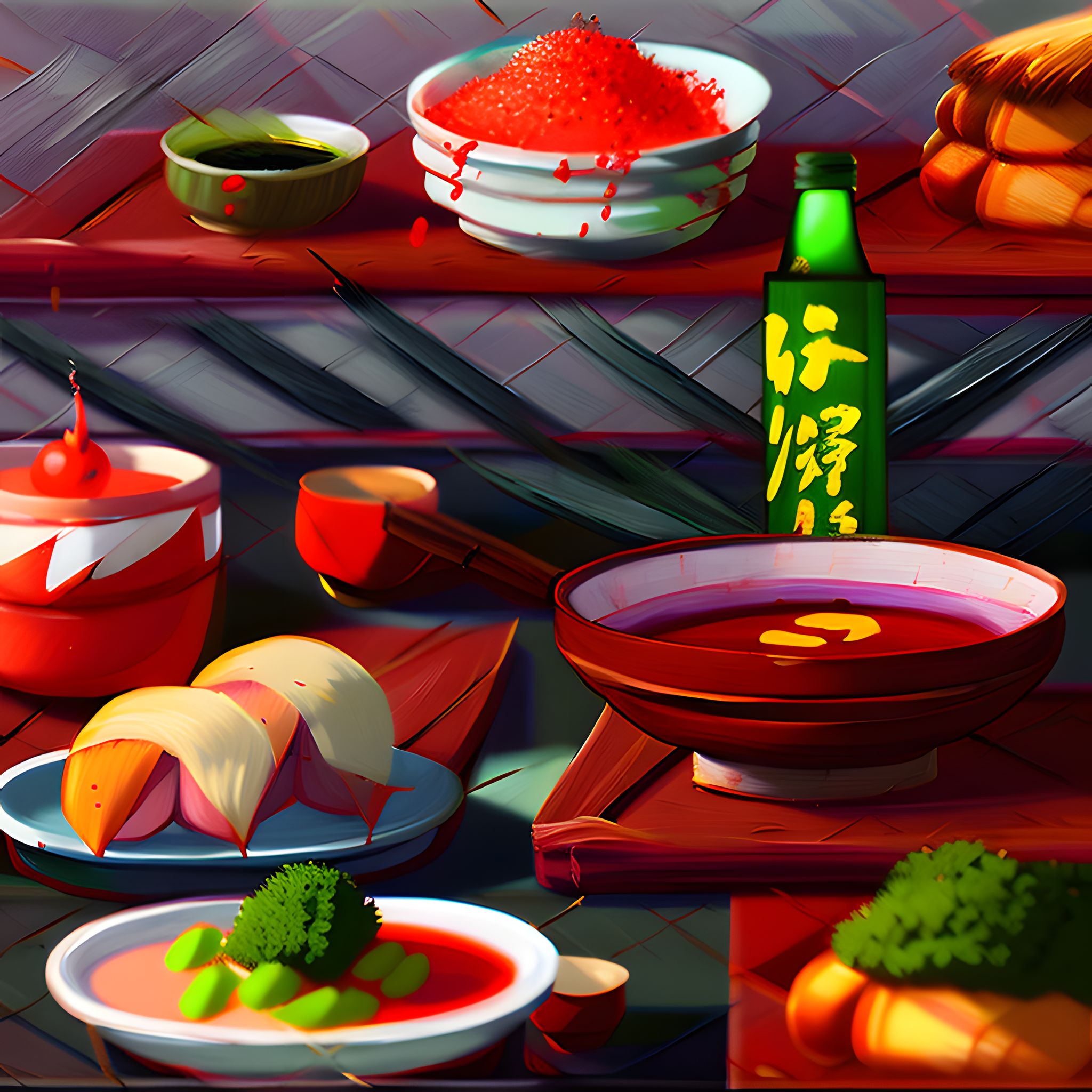 Painting of various Japanese dishes, including red soup, pickled ginger, and fish eggs.