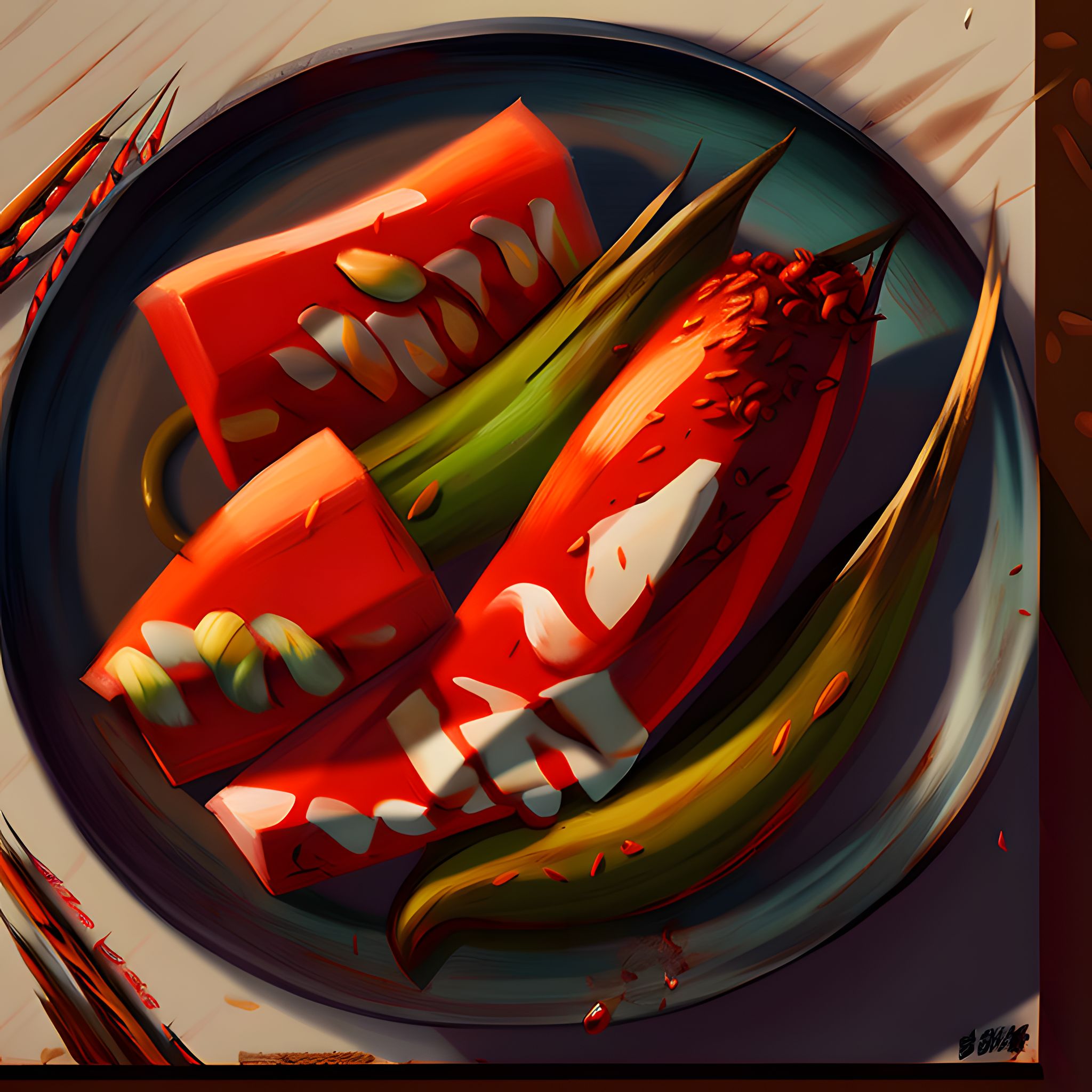 Painting of stylized Japanese food on a dark plate.