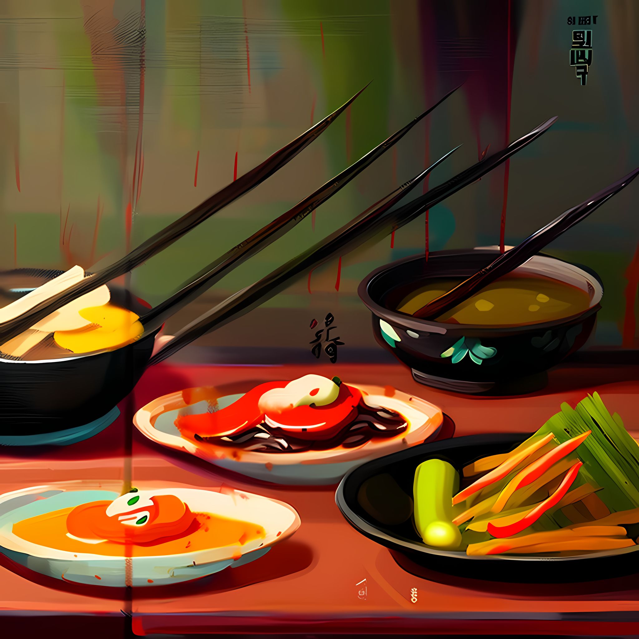 Painting of various Korean dishes, including a bowl of soup and several small plates of food.