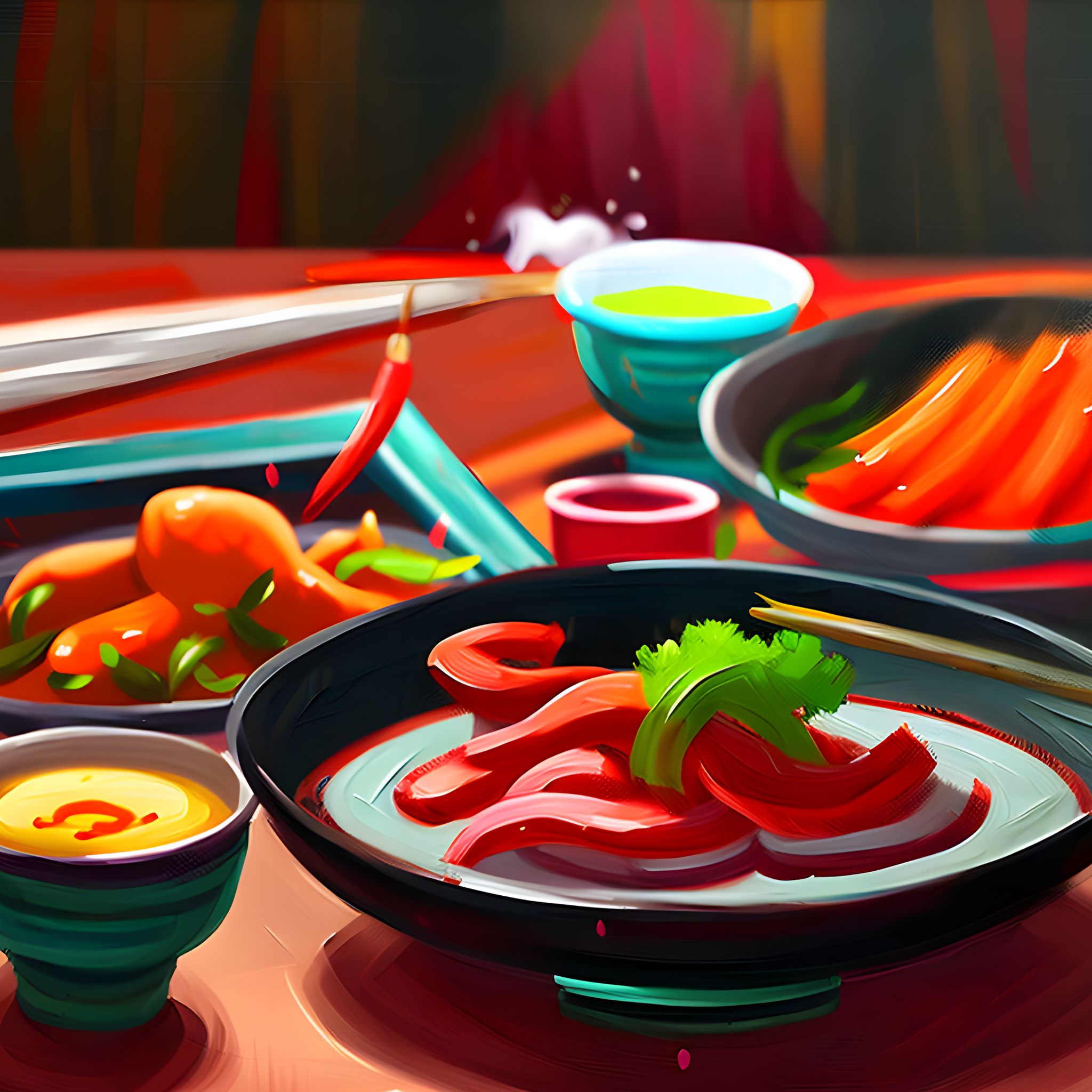 Painting of Korean food on a table.