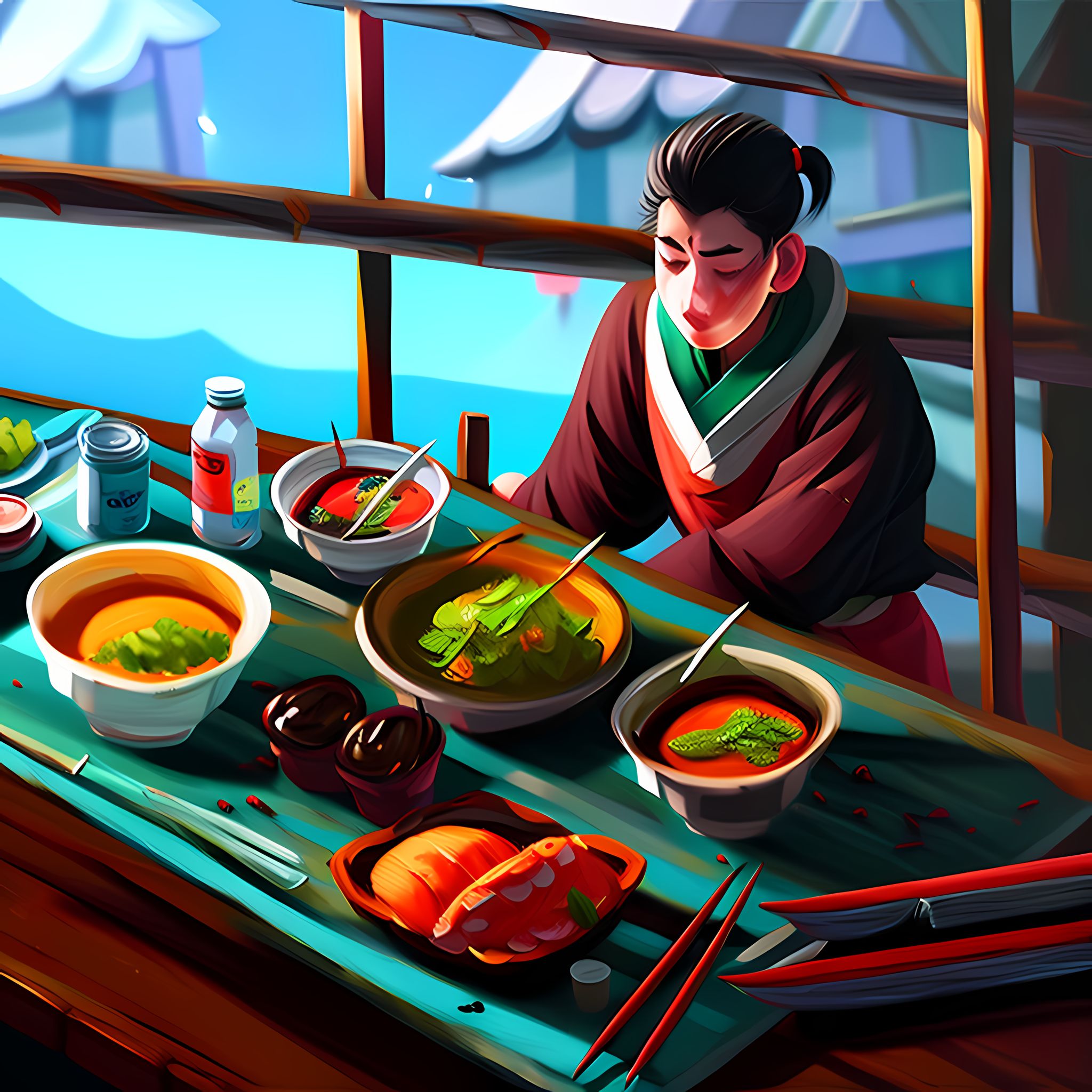 Painting of a person in traditional Korean clothing serving a table of Korean food.
