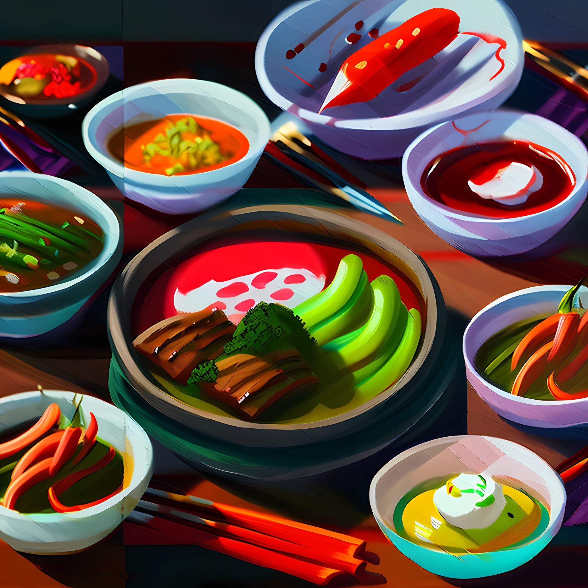 Painting of various Korean dishes in vibrant colors.