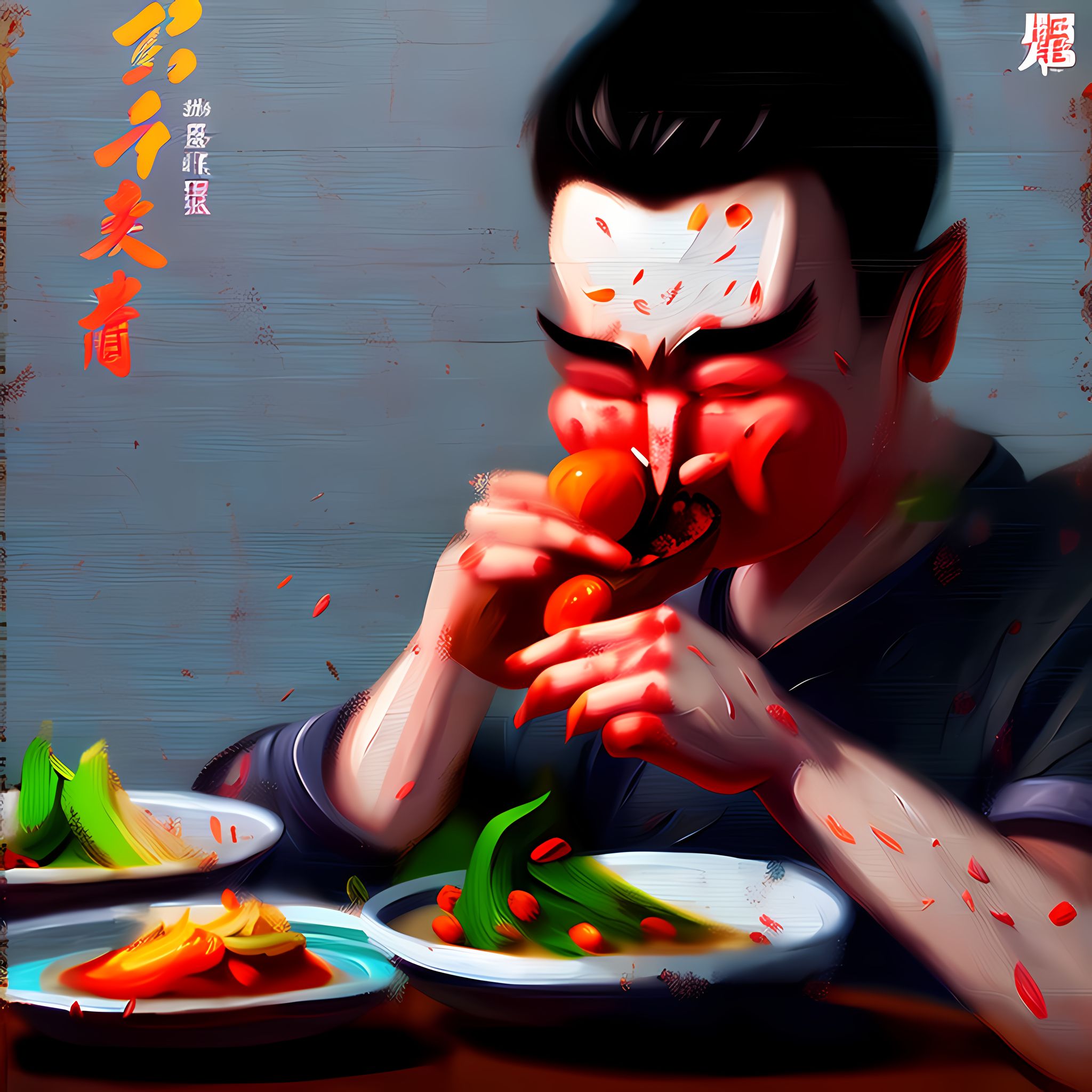 Painting of a person with red skin eating Northern Chinese food.