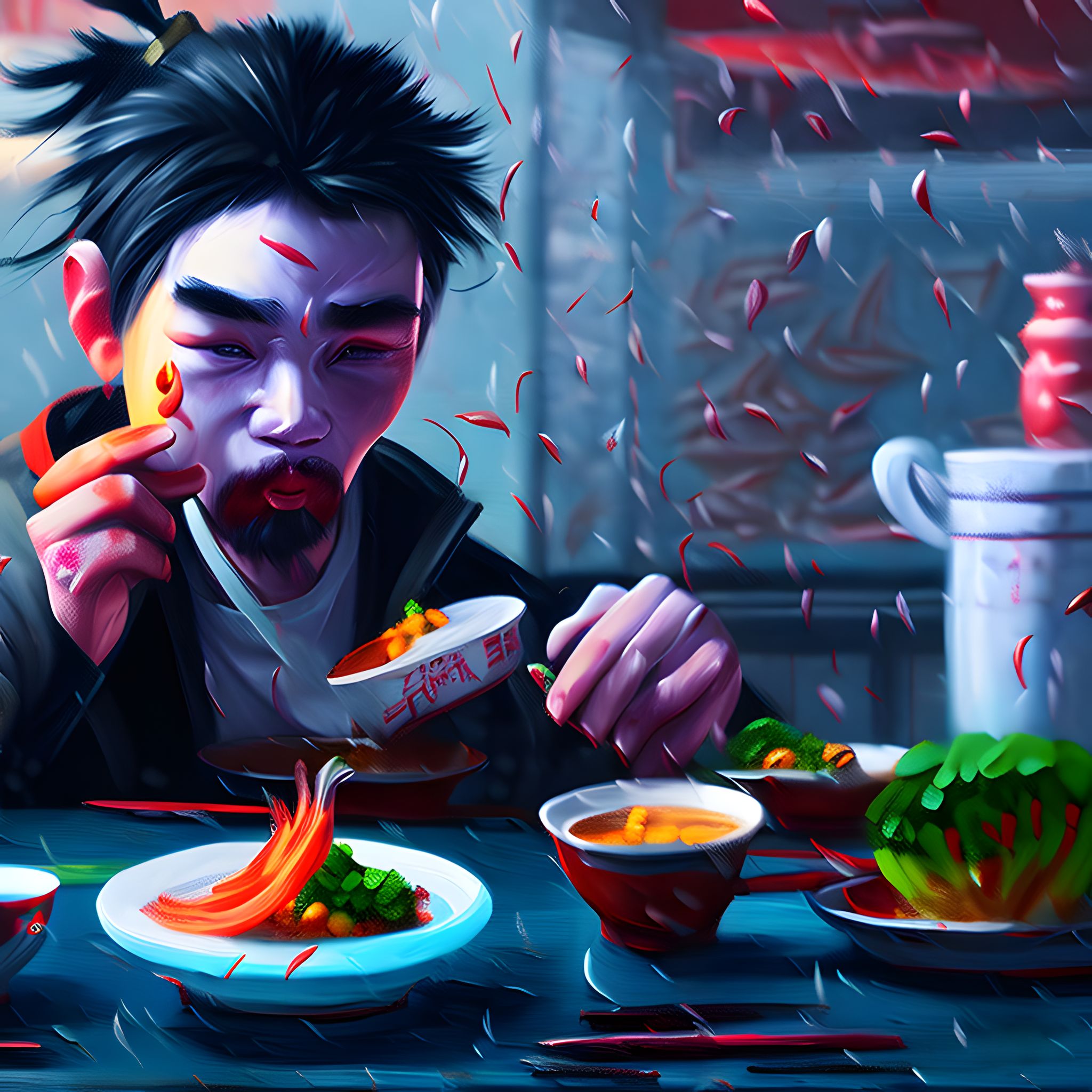 Painting of a person with dark hair in a ponytail eating Northern Chinese food.