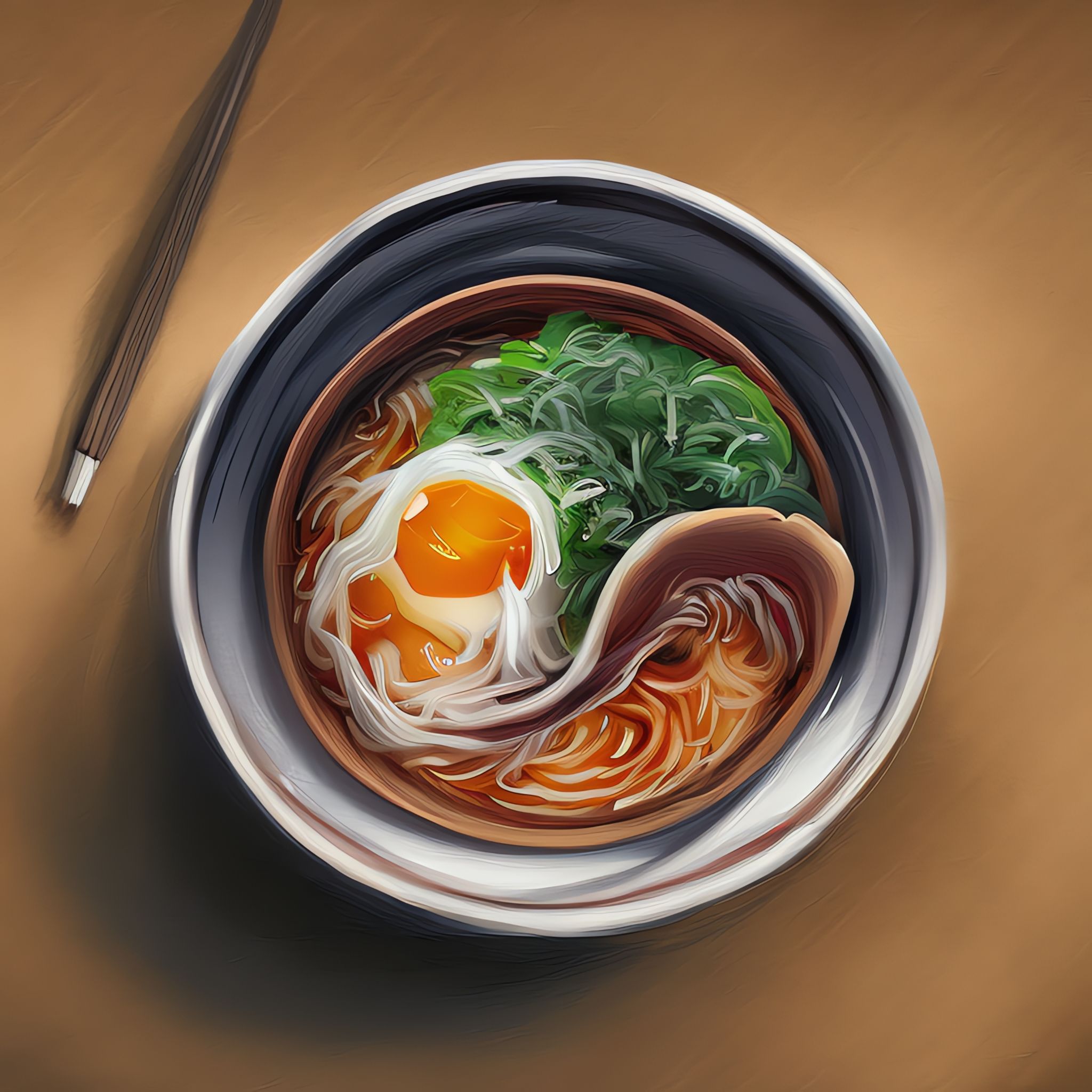 Painting of a bowl of ramen with a soft-boiled egg.