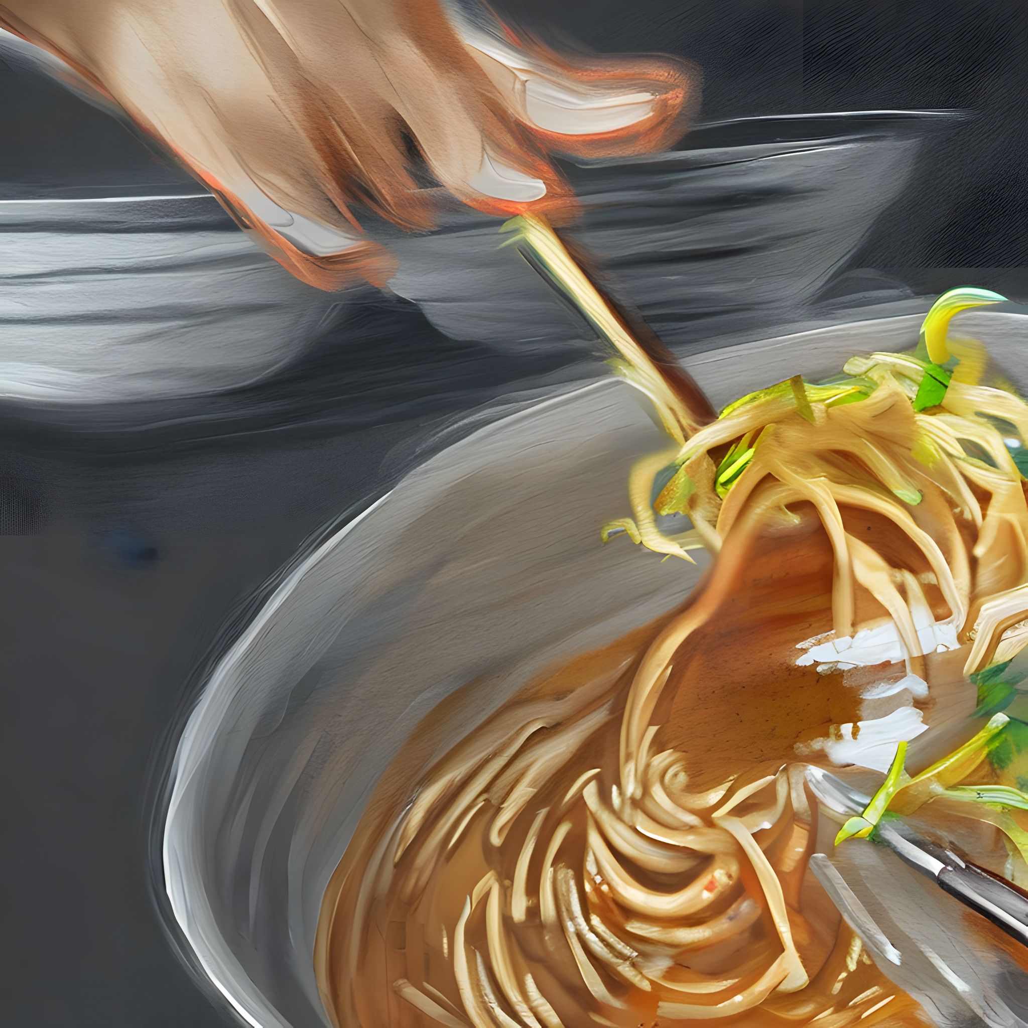 Painting of a person using chopsticks to eat ramen.