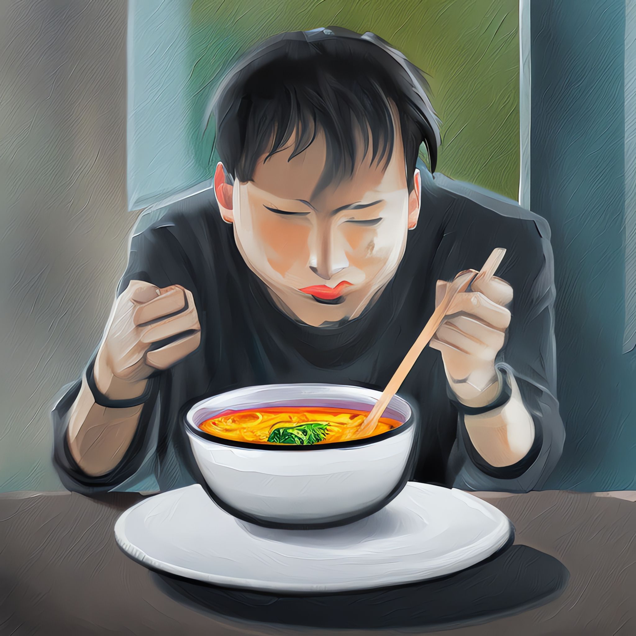 Painting of a person eating ramen.