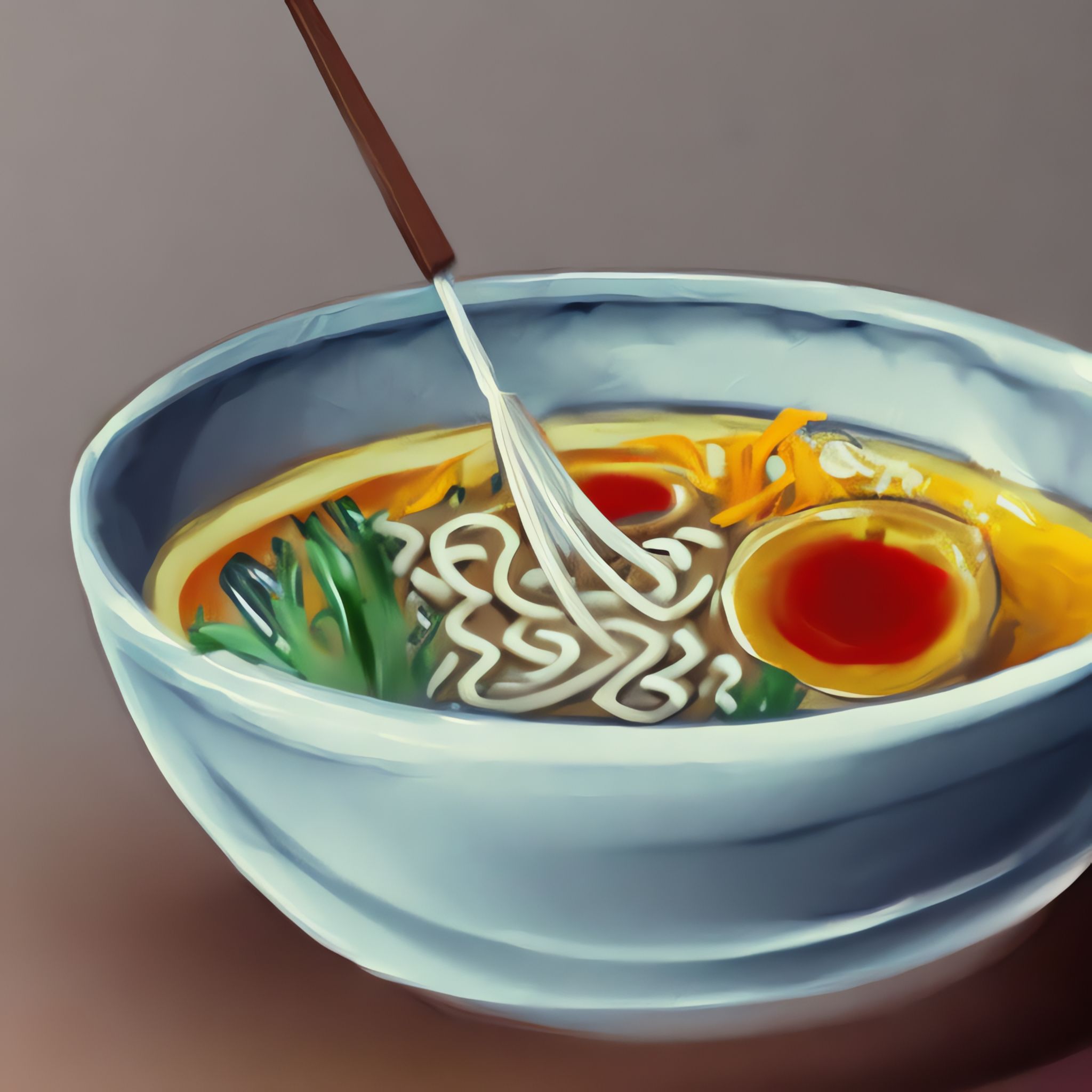 Painting of a bowl of ramen noodles being stirred with chopsticks.