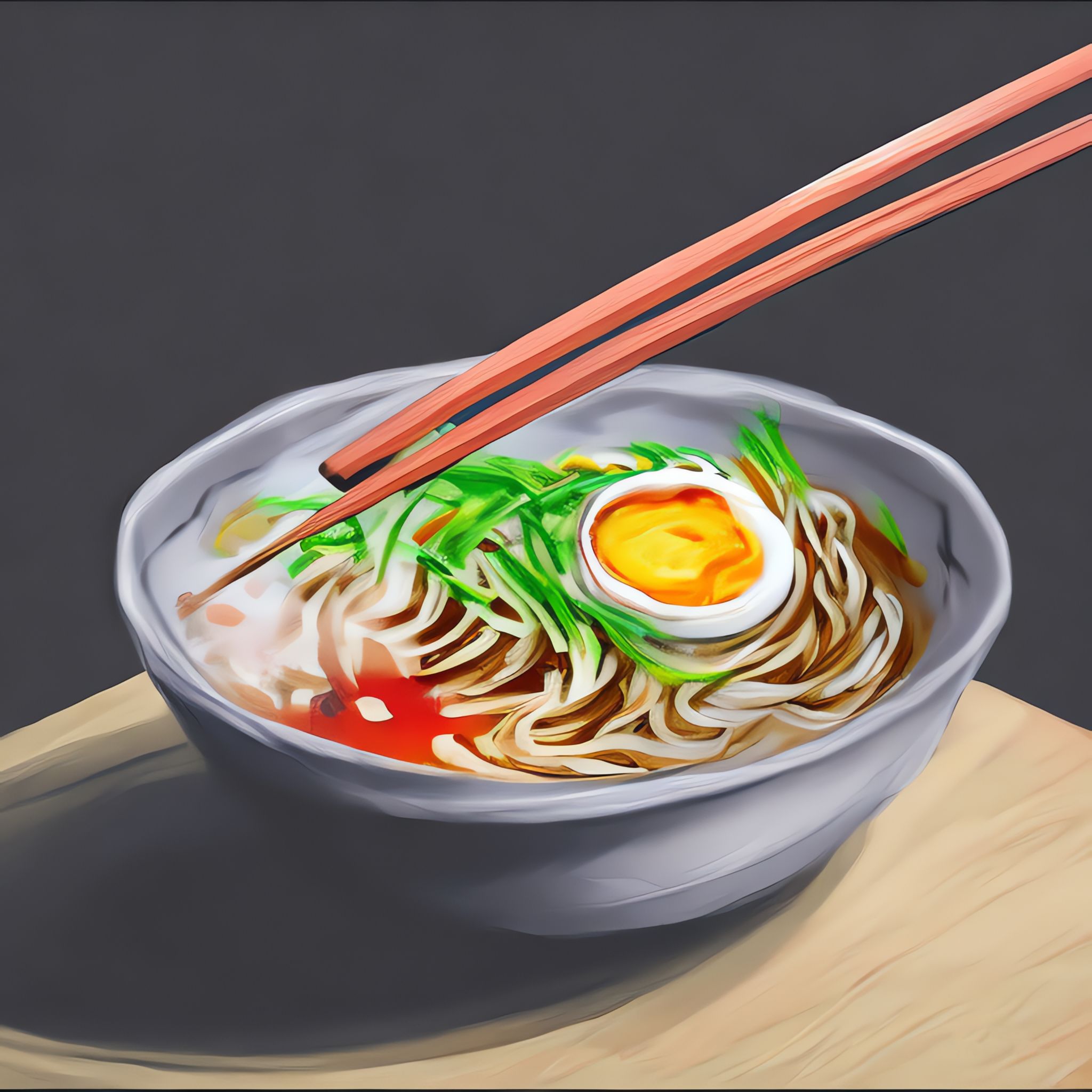 Painting of a bowl of ramen with chopsticks.