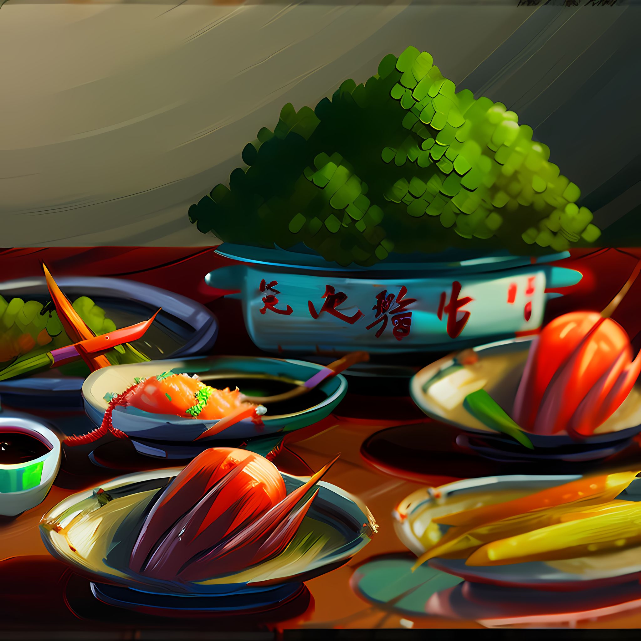 Painting of a table of Japanese food.
