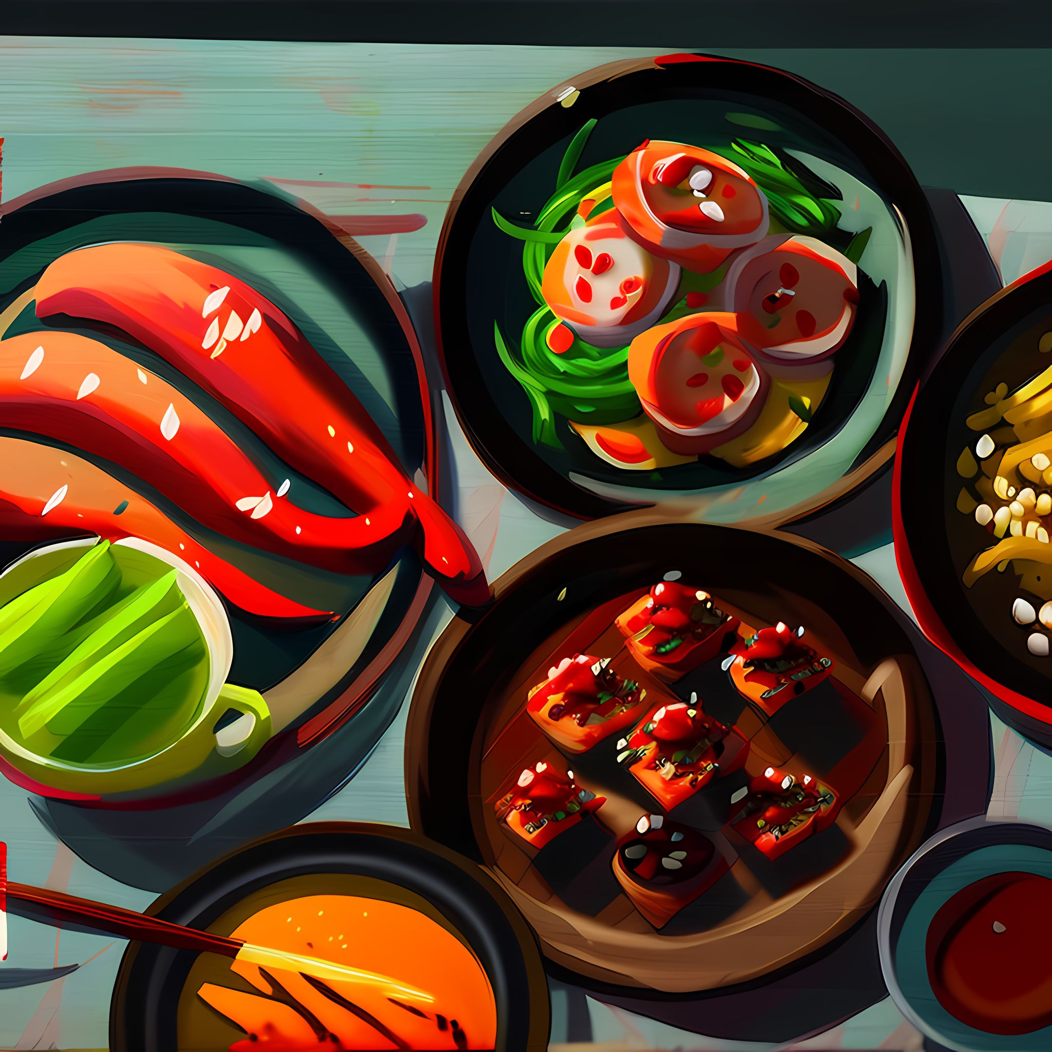 Painting of various Korean dishes arranged on a table.