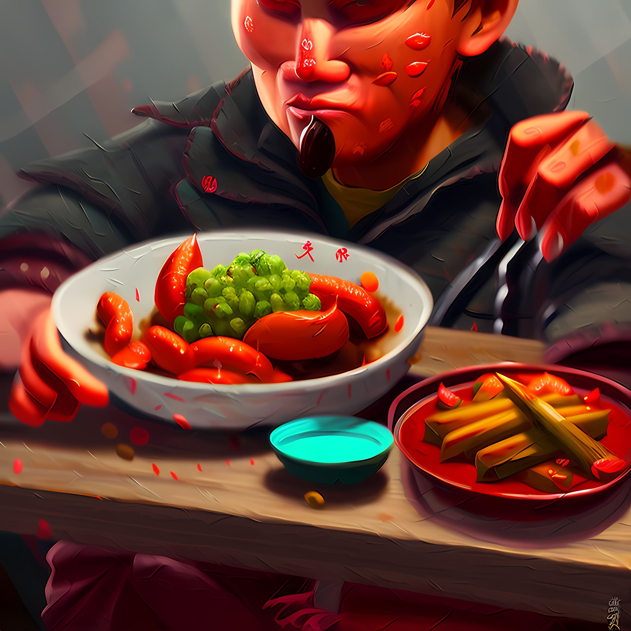 Painting of a person eating Northern Chinese food.