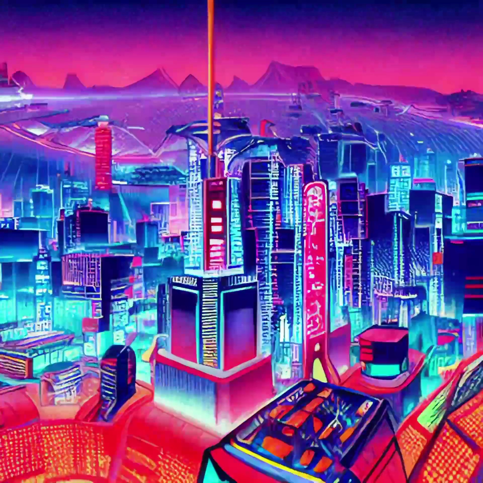 Neon-lit cityscape at sunset, stylized animation.
