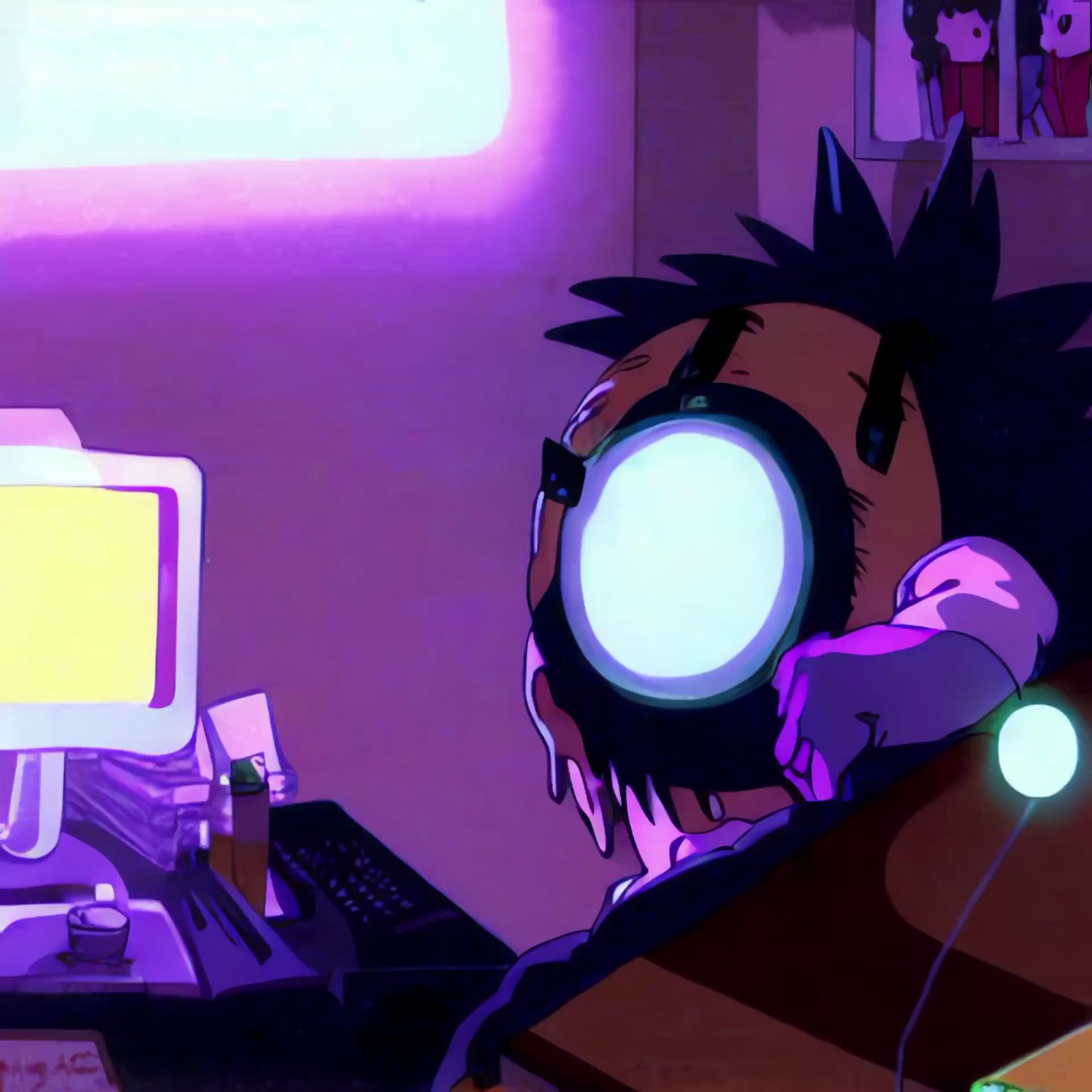 Anime-style illustration of a person with a glowing mask sitting at a computer in a neon-lit room.
