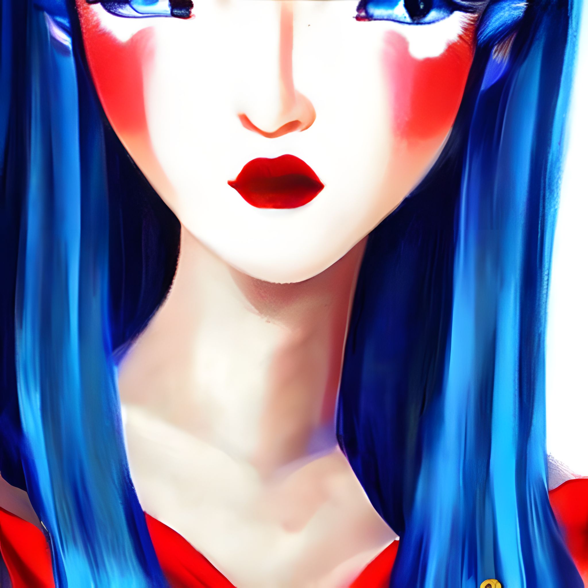 Close-up of a 3D digital art portrait of a woman with vibrant blue hair, red lips, and blue eyes, wearing a red dress.