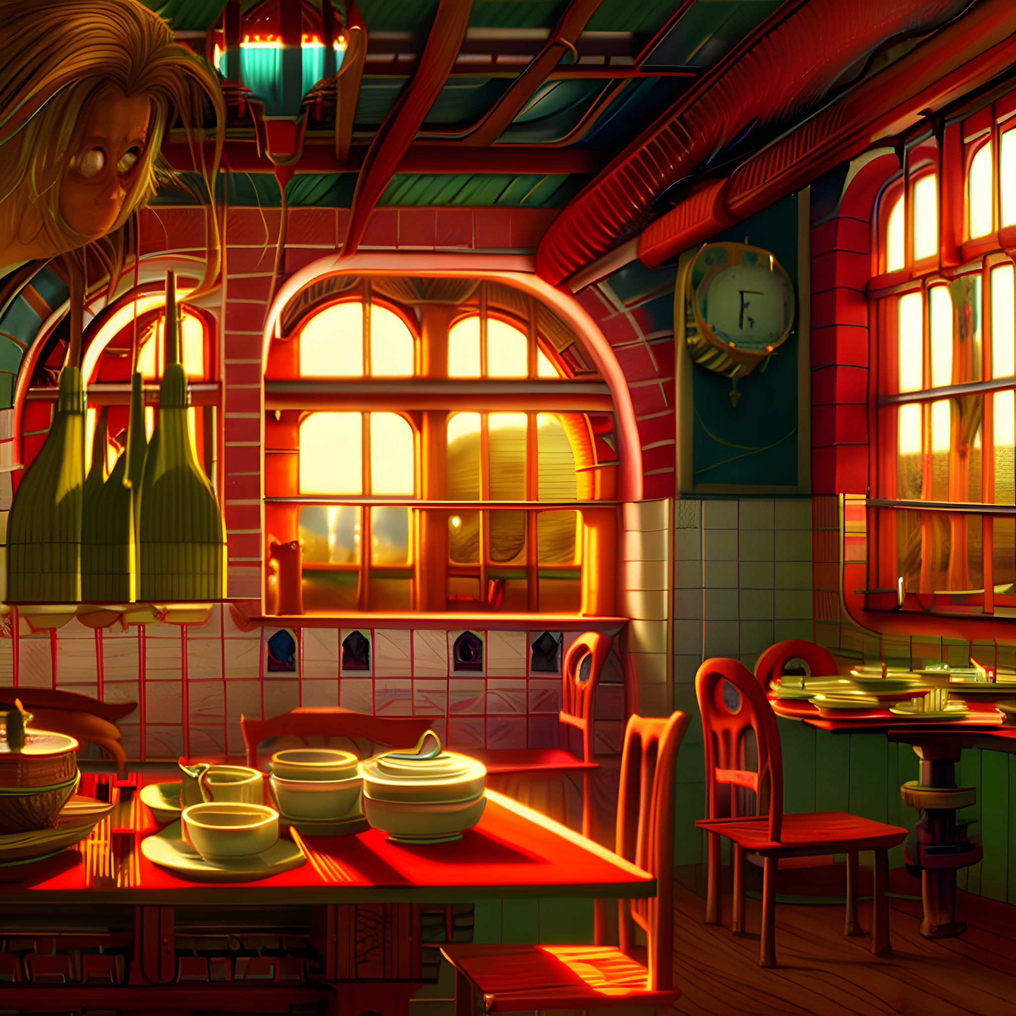 Spirited Away-inspired Wes Anderson-style kitchen dining area with red chairs and a table set for a meal.
