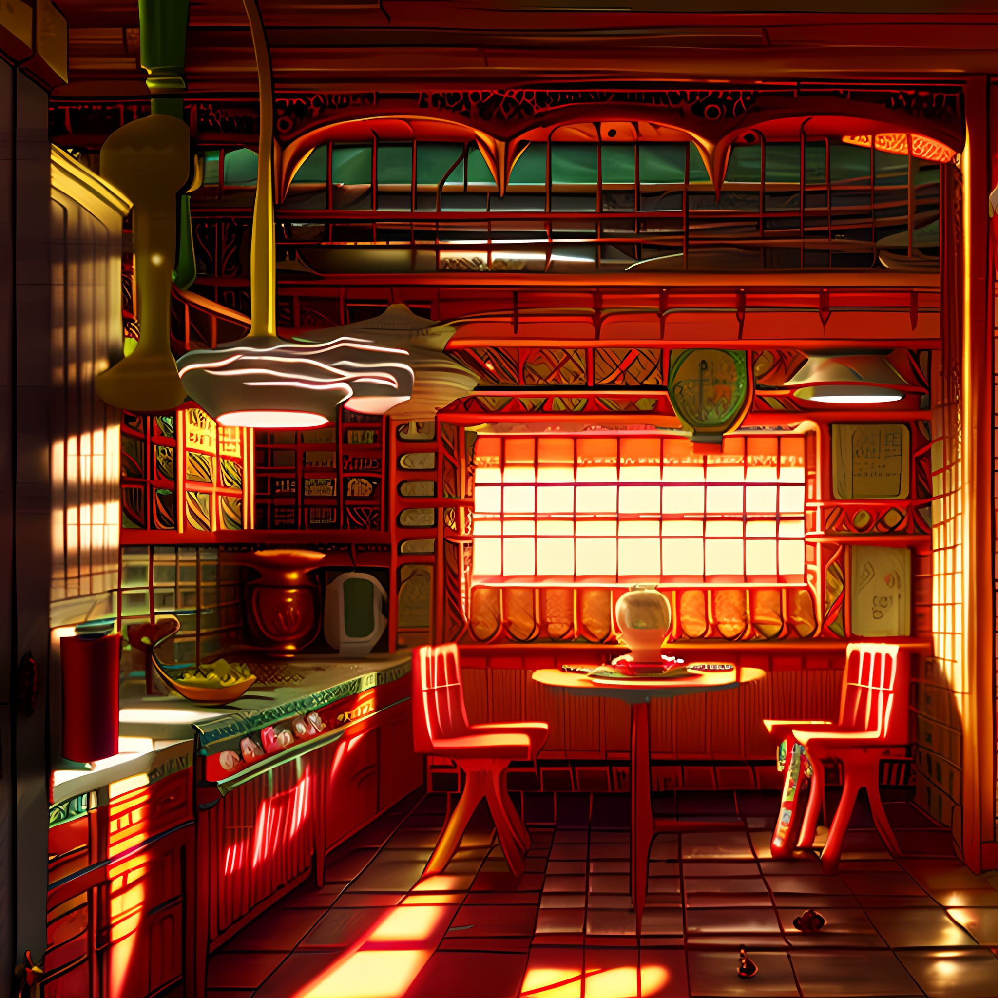 Spirited Away-inspired Wes Anderson-style kitchen rendering with red and orange tones, featuring a small dining table and chairs.