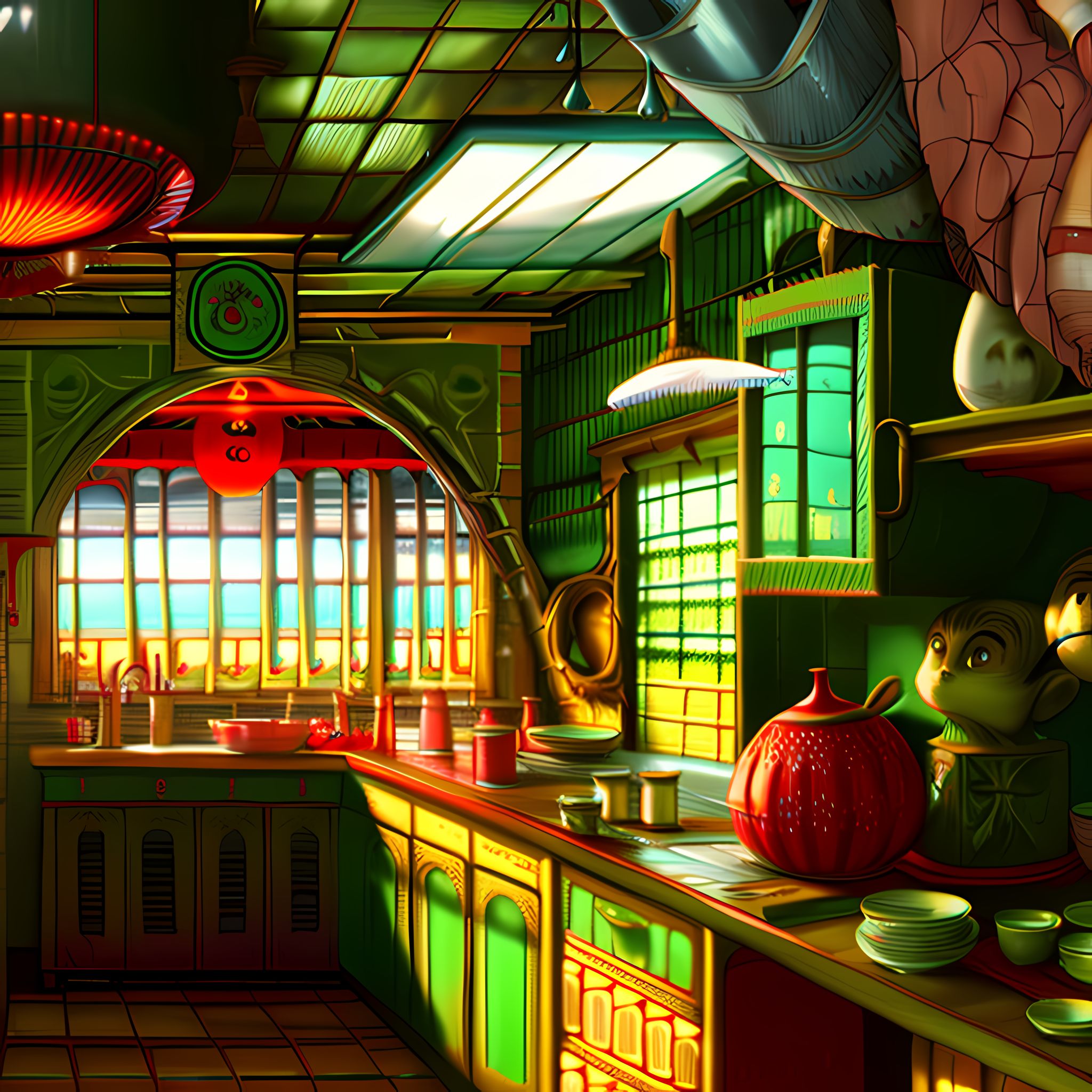 Wes Anderson-style kitchen rendering with vibrant colors and whimsical details.