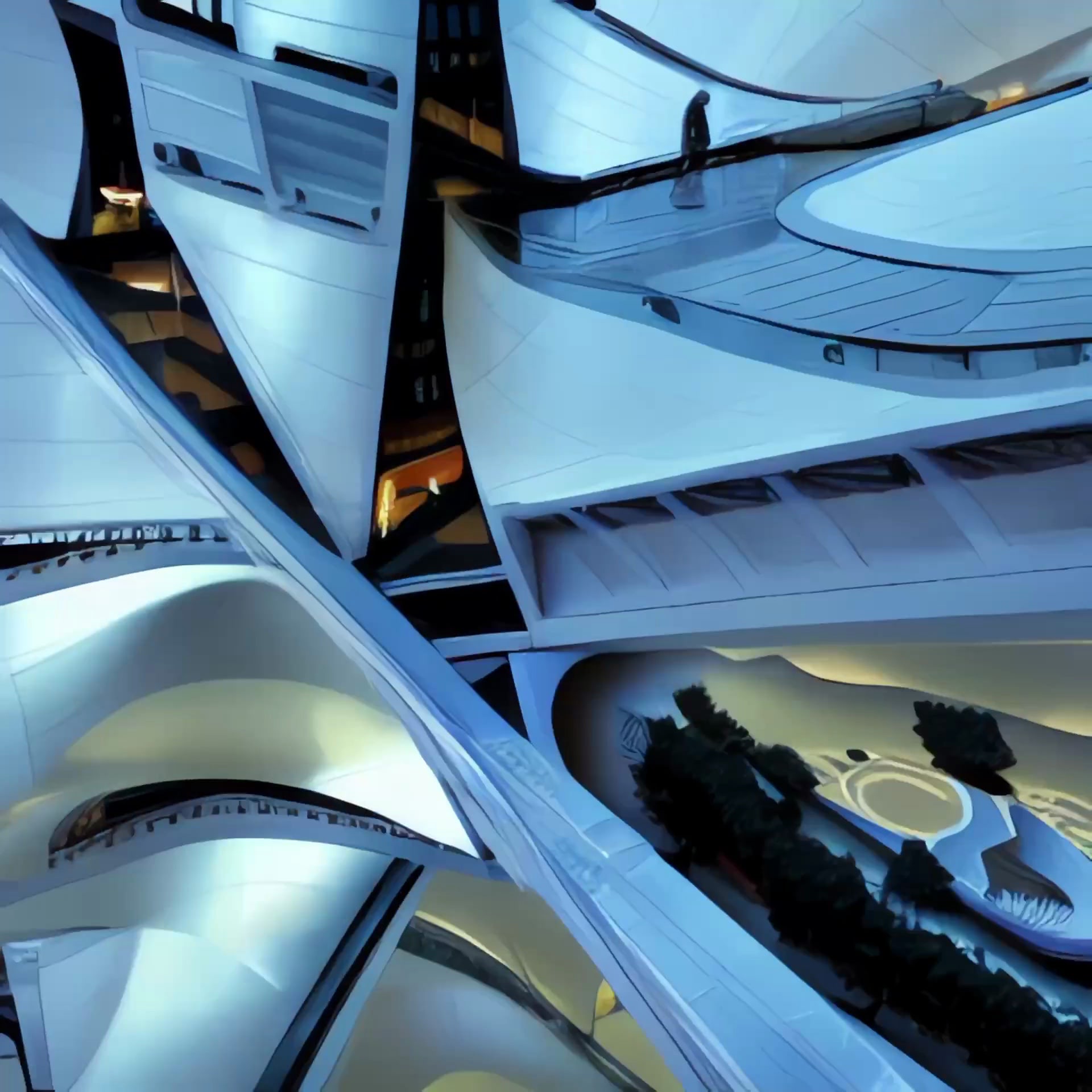 Abstract painting of futuristic tall buildings.