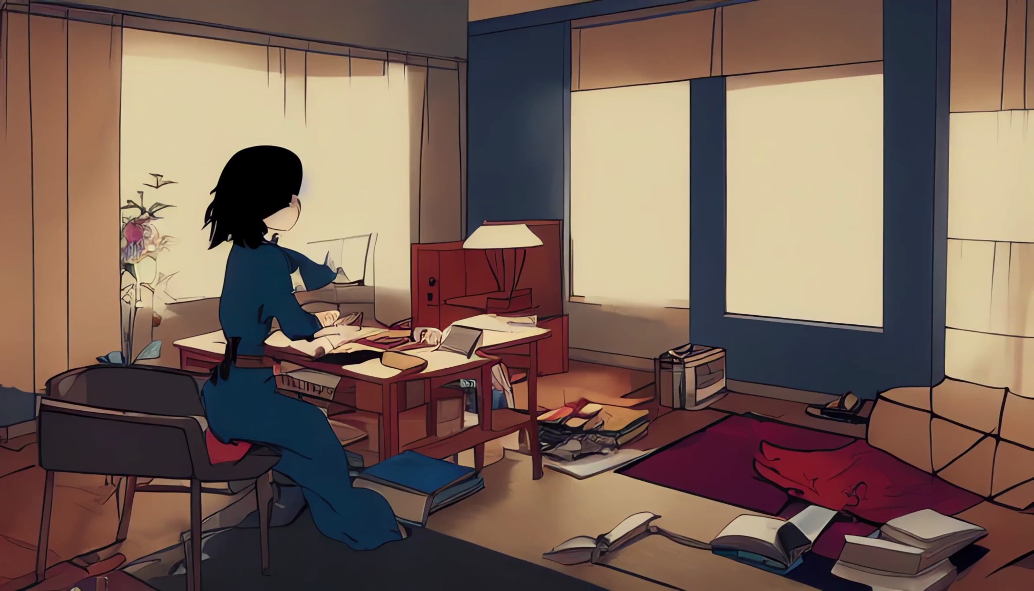 Anime-style illustration of a woman sitting at a cluttered desk in a sunlit room.